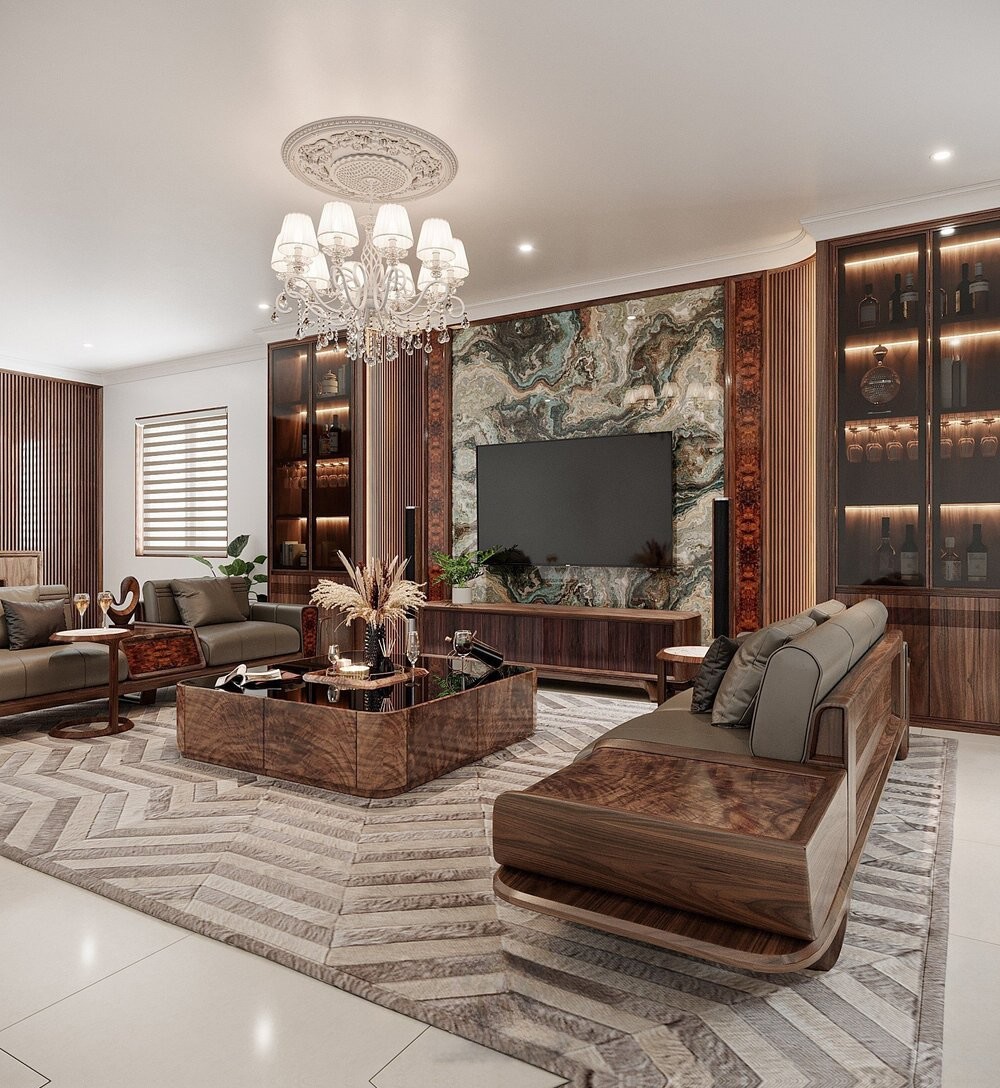 Kệ tivi tủ rượu gỗ tự nhiên với tủ rượu kính cường lực 4 tầng hiện đại