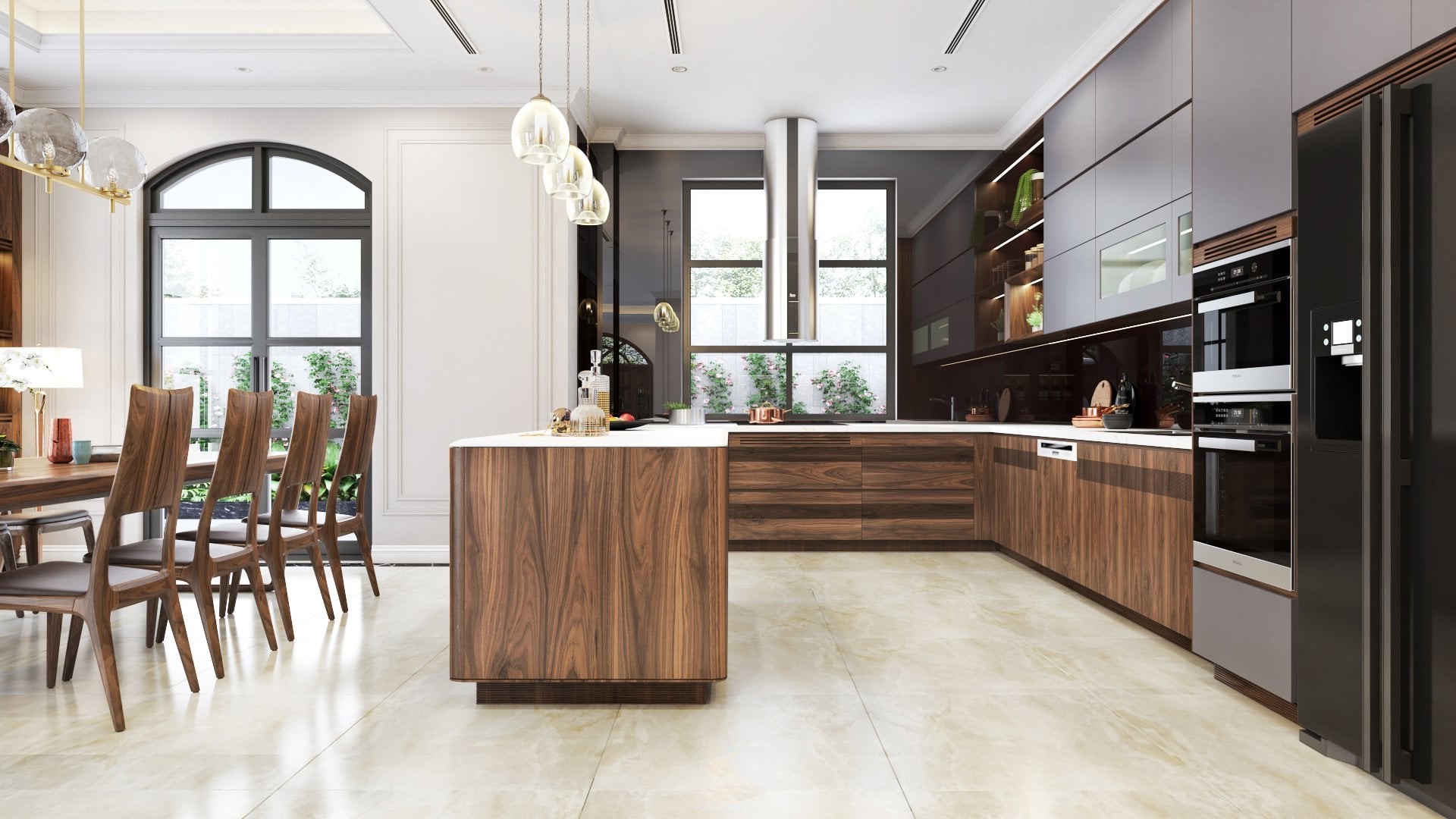 Kệ tủ bếp đẹp chữ L, hệ tủ acrylic ghi xám và tủ dưới vân gỗ nâu đậm Kệ tủ bếp đẹp chữ L, hệ tủ acrylic ghi xám và tủ dưới vân gỗ nâu đậm