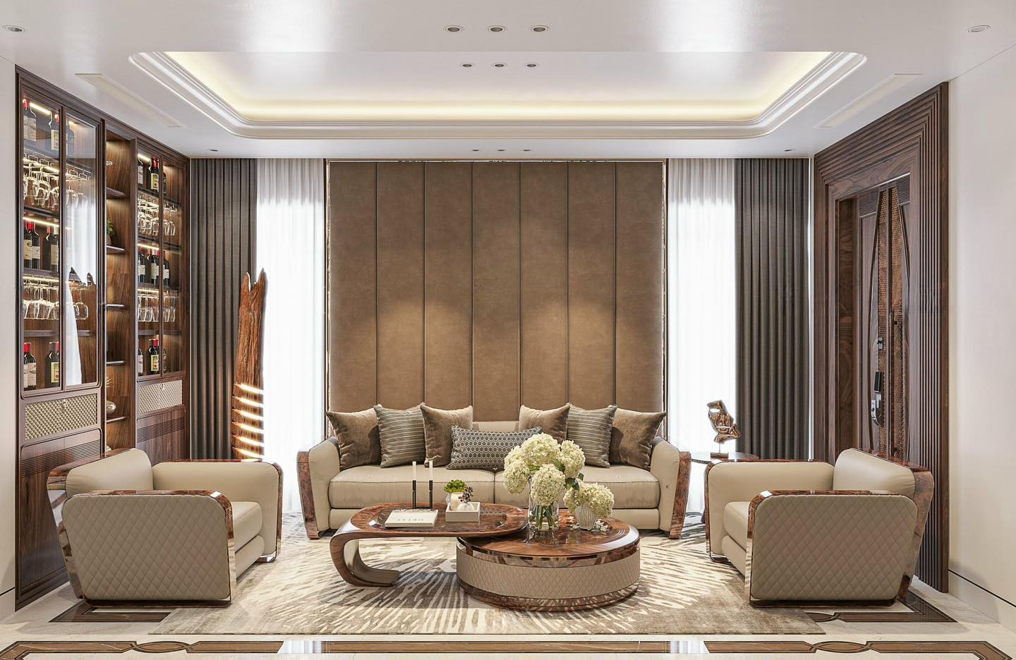 Kệ tủ rượu phòng khách âm tường cao kịch trần gỗ tự nhiên với đèn led và ngăn kéo ốp da Kệ tủ rượu phòng khách âm tường cao kịch trần gỗ tự nhiên với đèn led và ngăn kéo ốp da