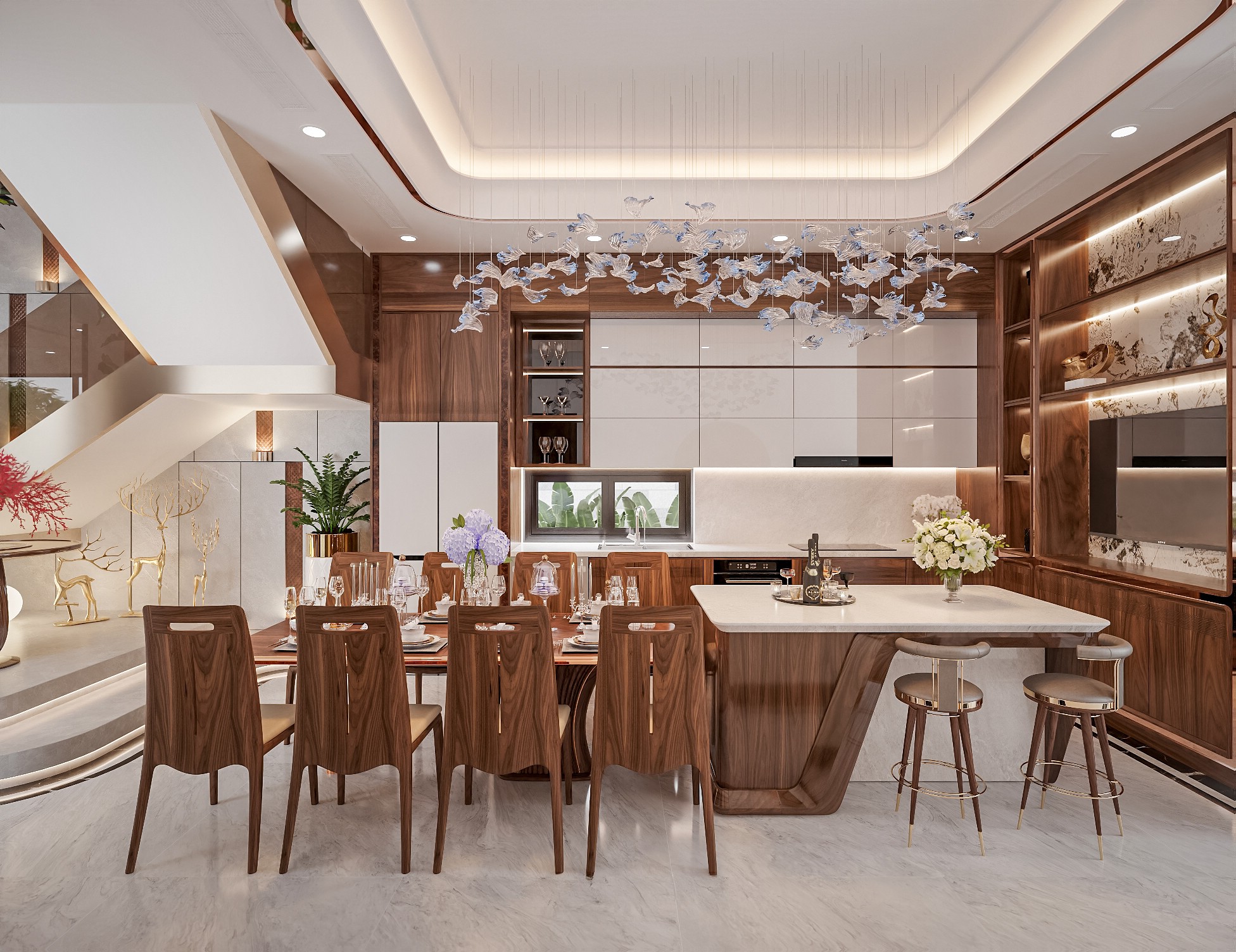 Không gian phòng bếp hiện đại với bàn ăn gỗ 8 ghế và tủ bếp chữ I acrylic trắng – vân gỗ nâu Không gian phòng bếp hiện đại với bàn ăn gỗ 8 ghế và tủ bếp chữ I acrylic trắng – vân gỗ nâu