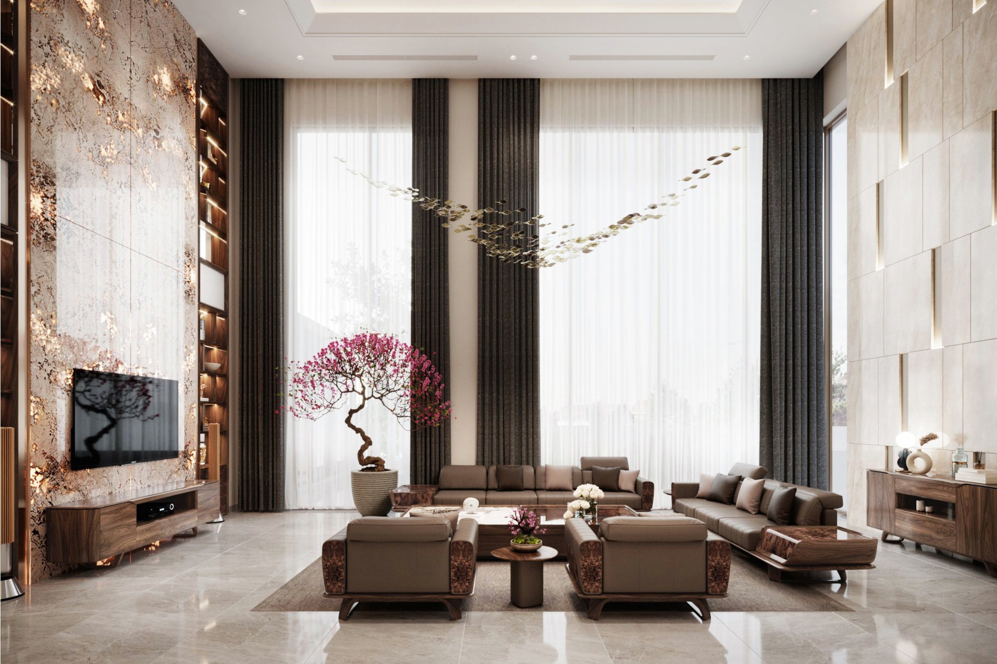 Kiểu phòng khách đẹp thông tầng với tường đá Onyx xuyên sáng và bộ bàn ghế gỗ đệm da sang trọng Kiểu phòng khách đẹp thông tầng với tường đá Onyx xuyên sáng và bộ bàn ghế gỗ đệm da sang trọng