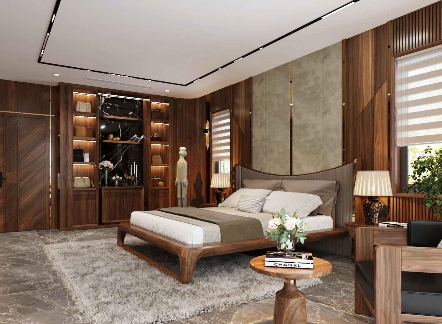Phòng ngủ hiện đại với giường gỗ tự nhiên và vách ốp gỗ nâu sang trọng
