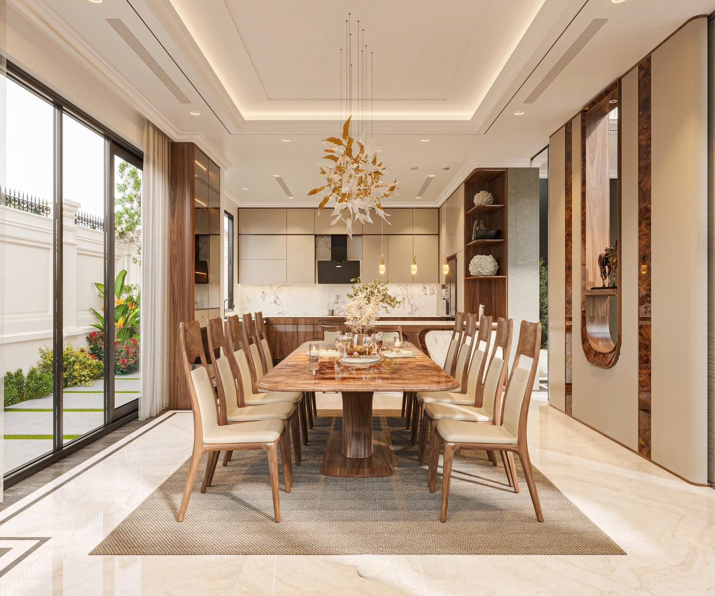 Mẫu bàn ăn đẹp 10 ghế gỗ tự nhiên với ghế bọc da trắng kem sang trọng Mẫu bàn ăn đẹp 10 ghế gỗ tự nhiên với ghế bọc da trắng kem sang trọng