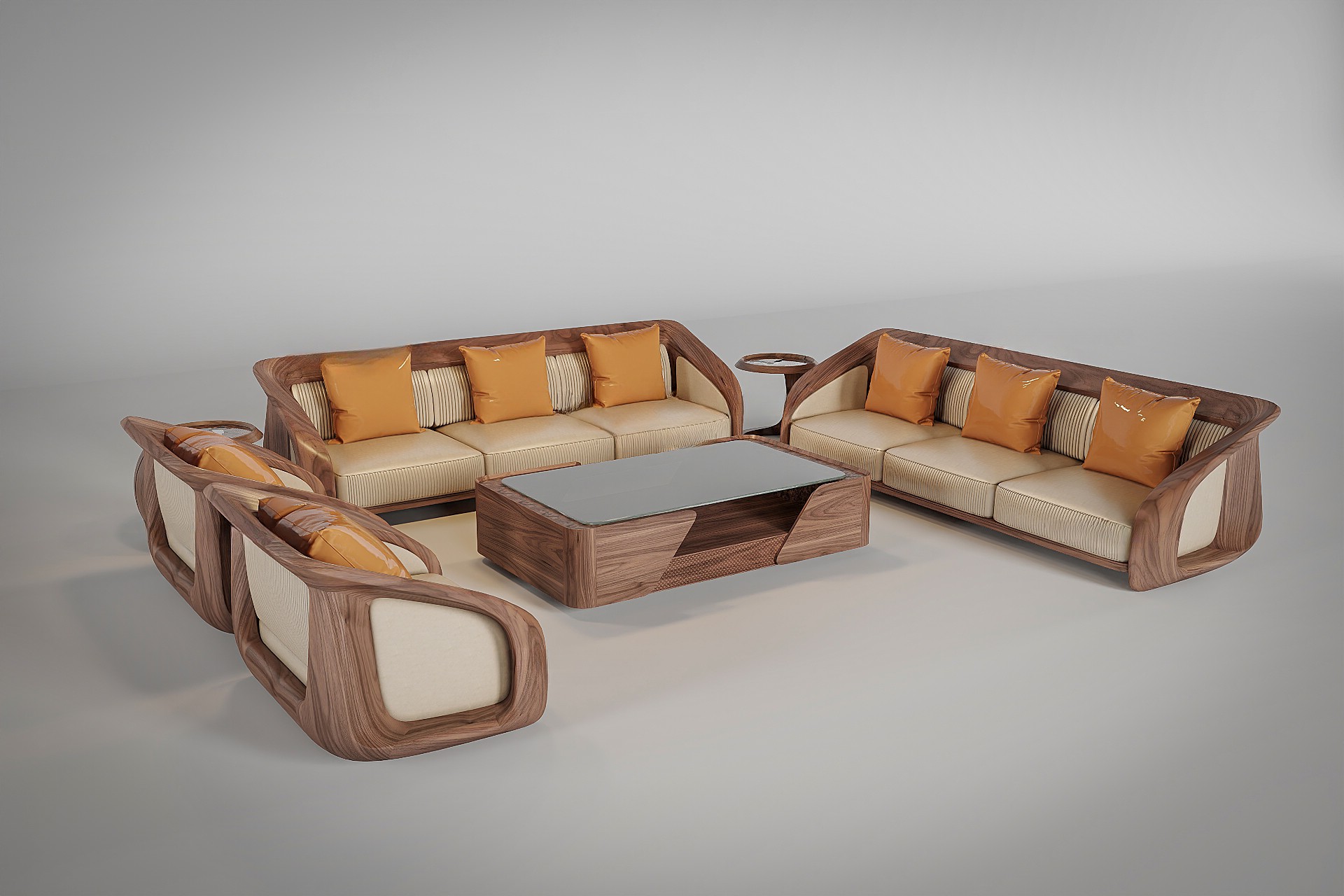 Mẫu bàn ghế sofa gỗ mới nhất với đệm da PU be vàng và bàn trà kính hình chữ nhật Mẫu bàn ghế sofa gỗ mới nhất với đệm da PU be vàng và bàn trà kính hình chữ nhật