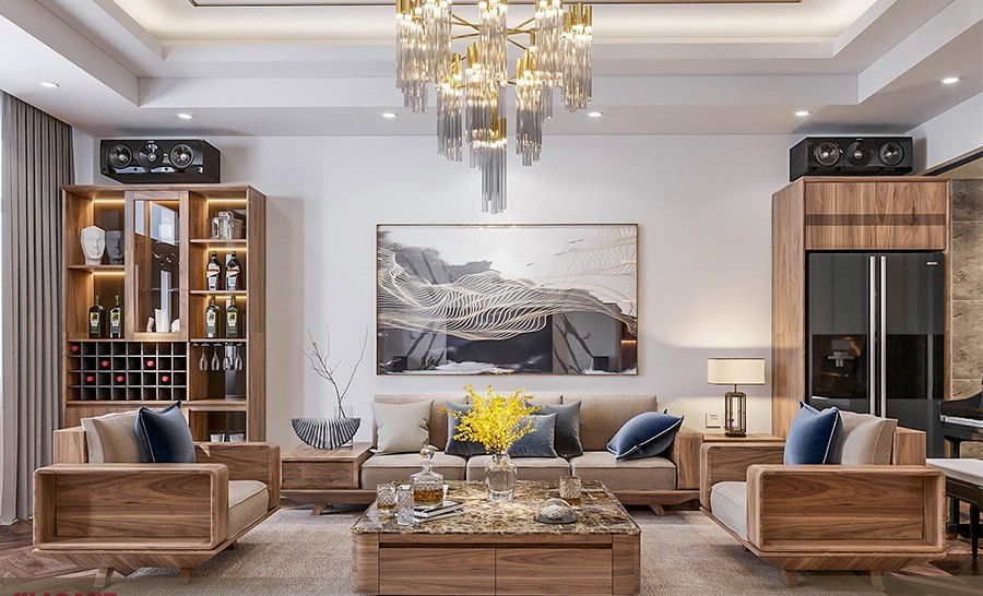 Mẫu bàn ghế sofa gỗ phòng khách hiện đại chữ U với bàn trà đá Onyx xuyên sáng Mẫu bàn ghế sofa gỗ phòng khách hiện đại chữ U với bàn trà đá Onyx xuyên sáng