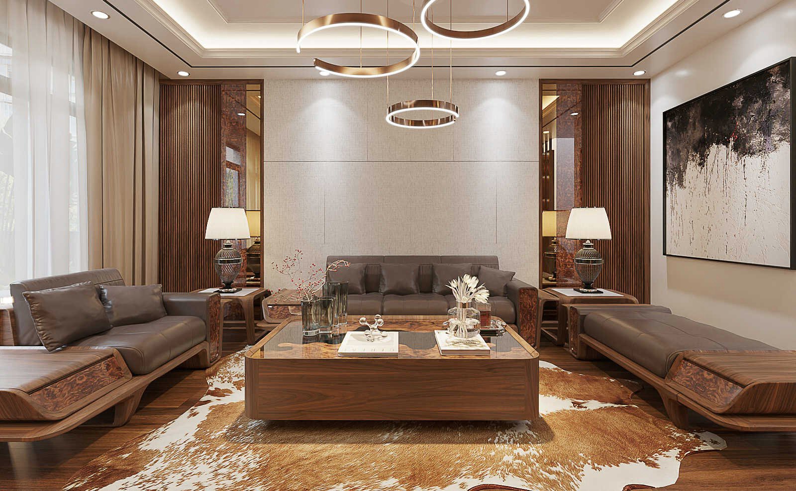 Mẫu bàn trà gỗ óc chó hiện đại phòng khách