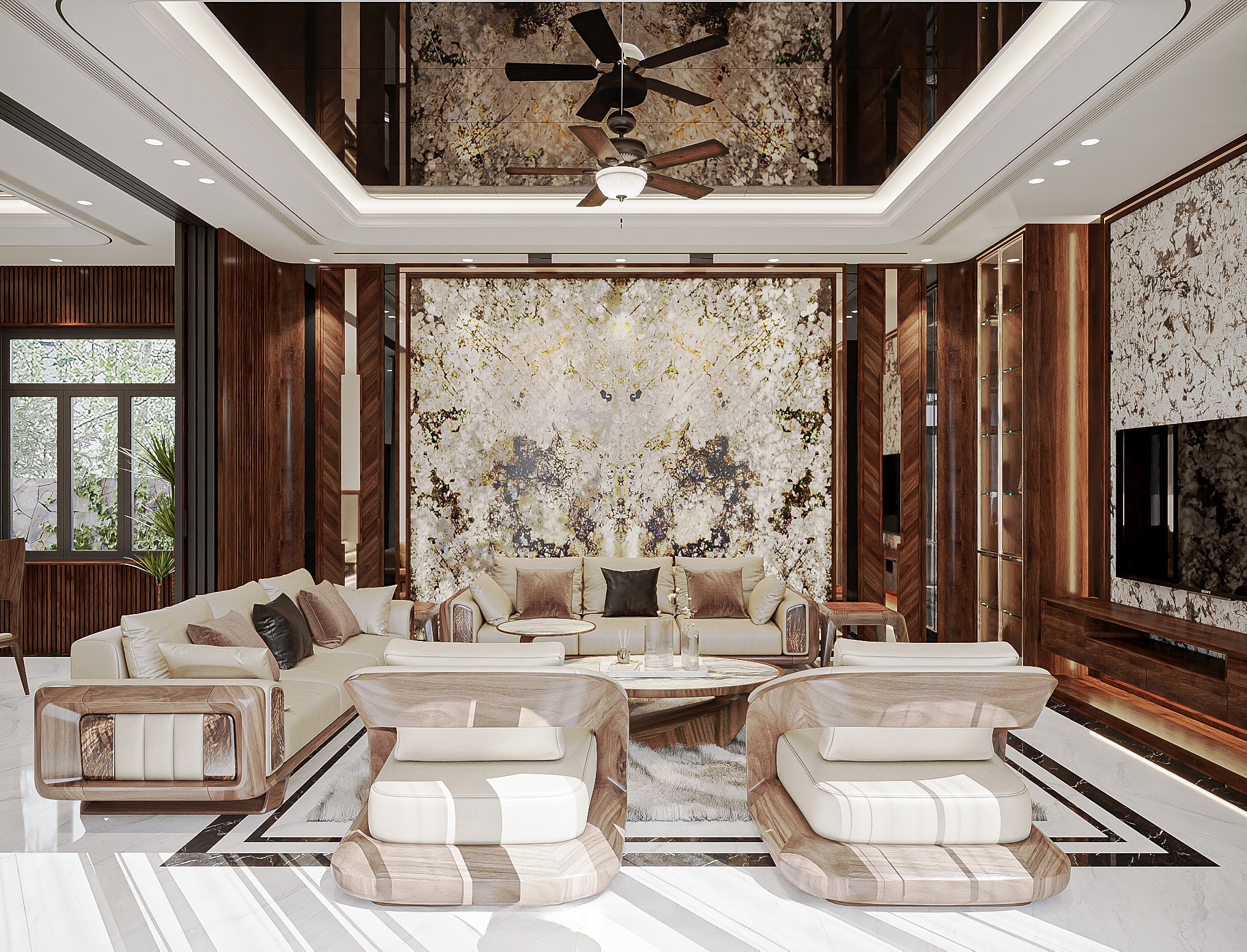 Mẫu bộ bàn ghế phòng khách đẹp bằng gỗ sồi màu nâu vàng với bàn trà mặt đá marble tròn Mẫu bộ bàn ghế phòng khách đẹp bằng gỗ sồi màu nâu vàng với bàn trà mặt đá marble tròn