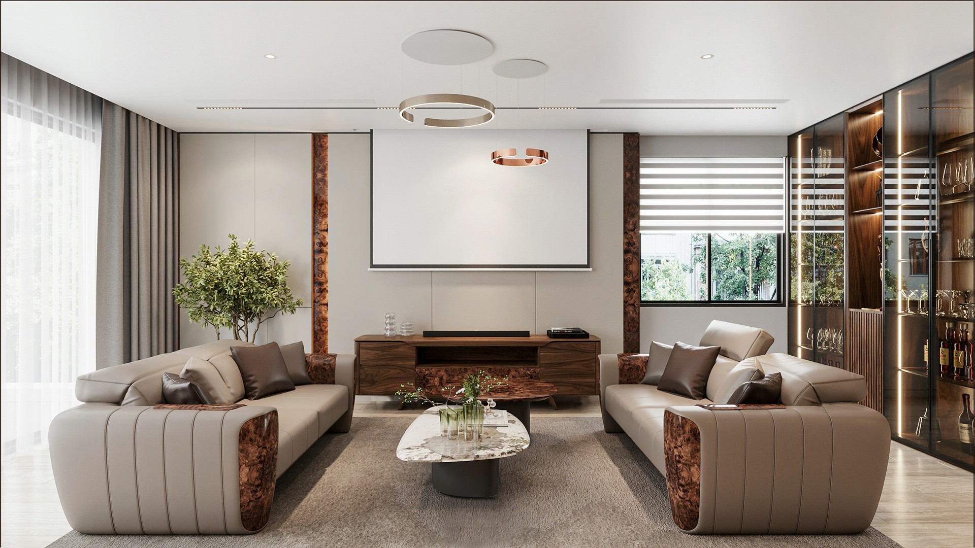 Mẫu ghế sofa gỗ hiện đại bọc da be nâu đậm với bàn trà 2 tầng mặt đá marble