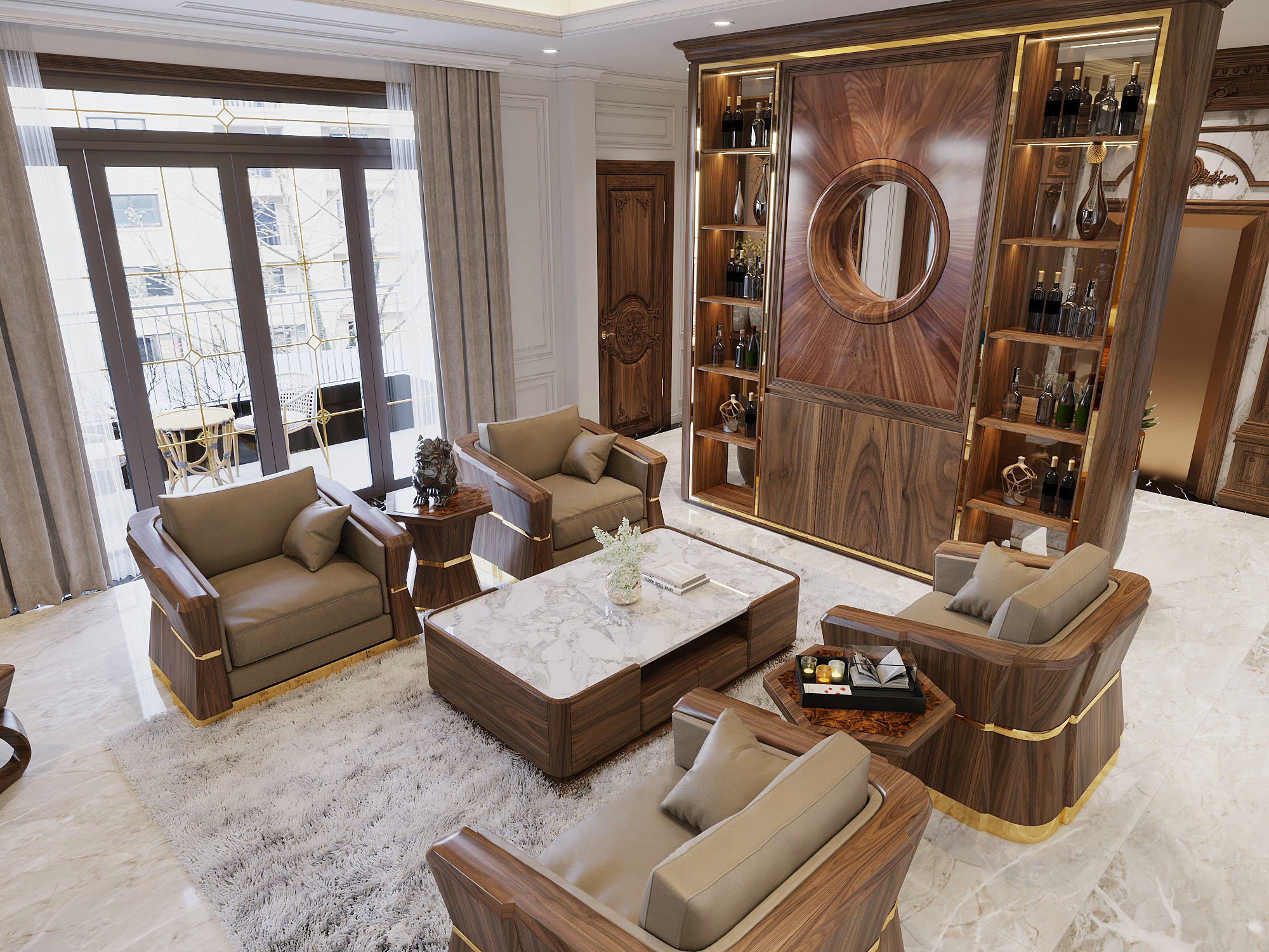 Mẫu ghế sofa gỗ phòng khách 4 ghế đối diện nhau sang trọng