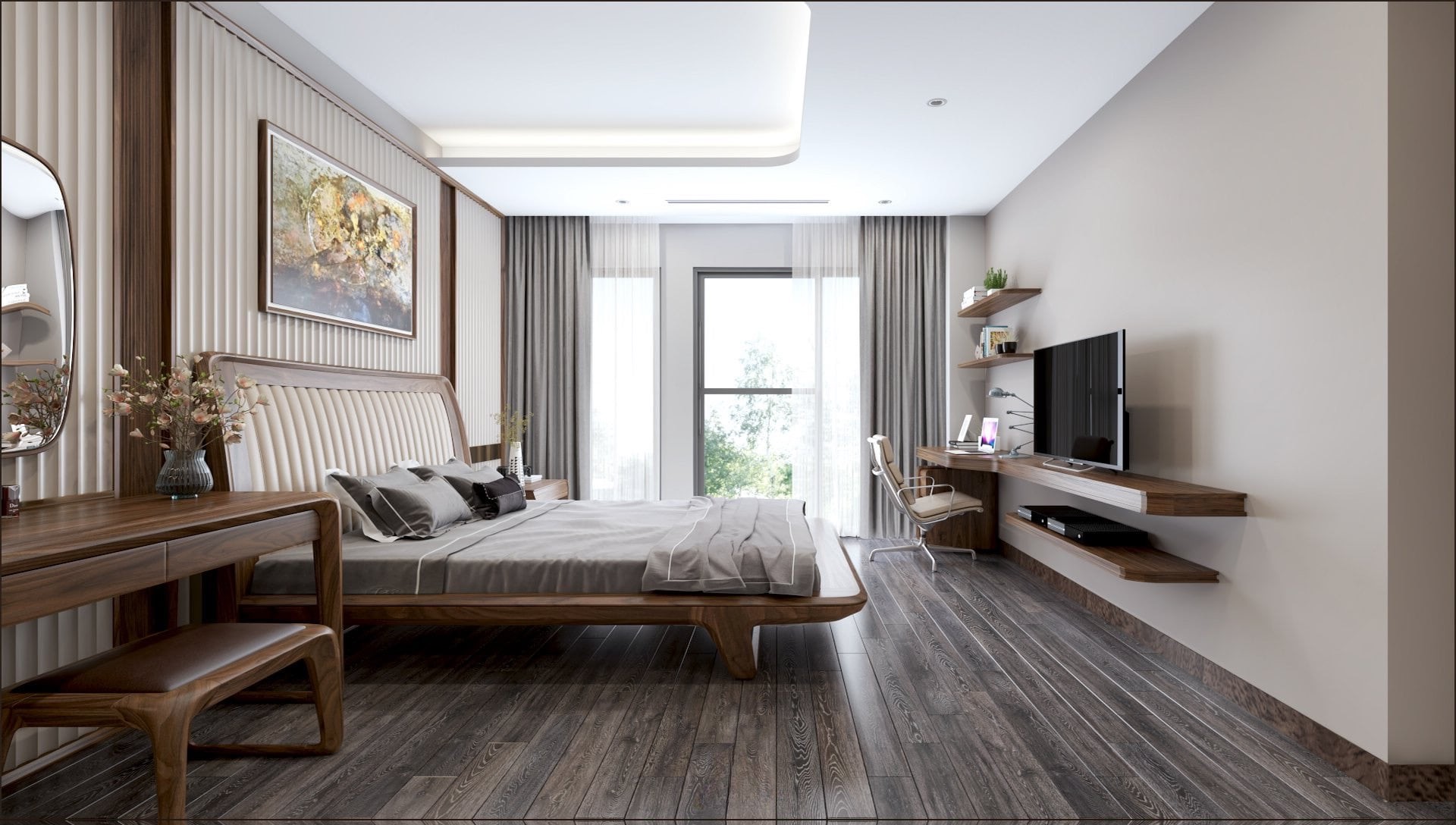 Mẫu giường chung cư đẹp hiện đại bằng gỗ tự nhiên, tựa lưng bọc da trắng kem Mẫu giường chung cư đẹp hiện đại bằng gỗ tự nhiên, tựa lưng bọc da trắng kem