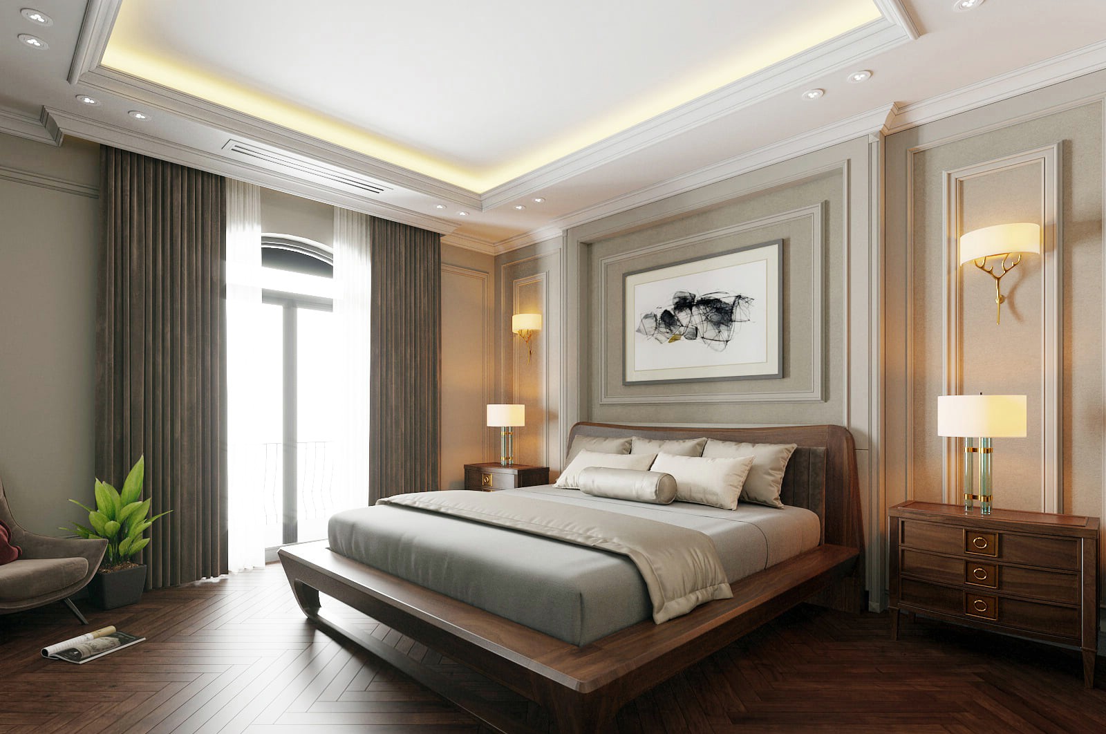 Mẫu giường gỗ đẹp với đầu giường bọc nệm xám đậm và tab gỗ sang trọng