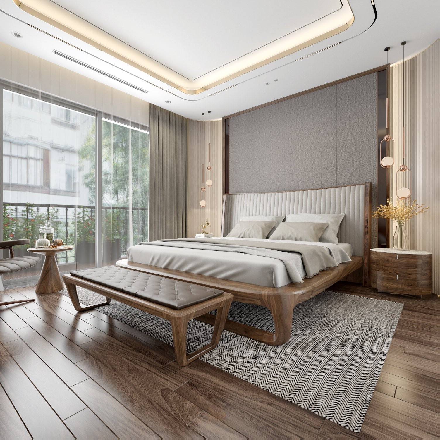 Mẫu giường gỗ óc chó hiện đại sang trọng