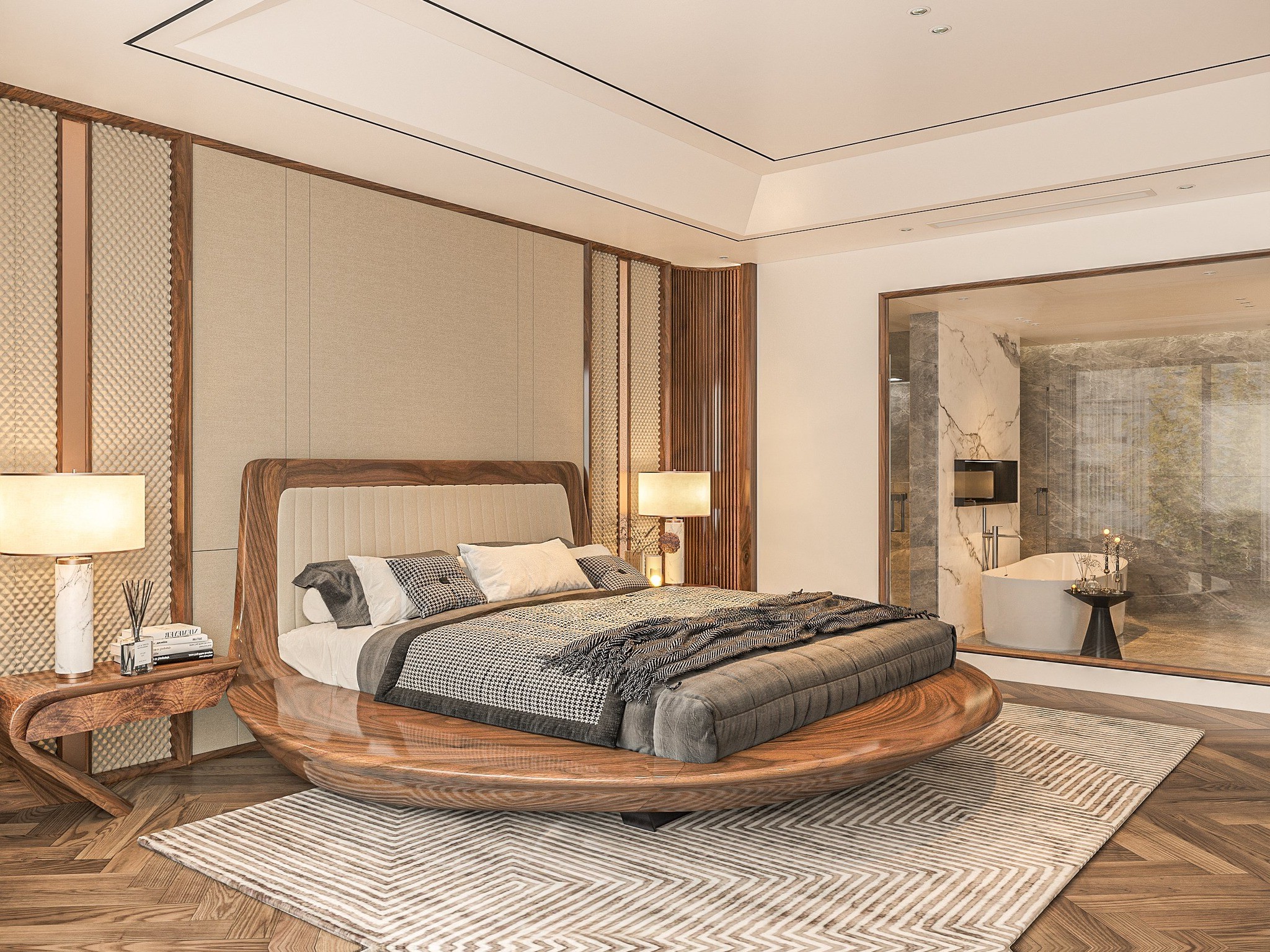 Mẫu giường gỗ tự nhiên đẹp nhất thiết kế hình tròn với tựa lưng da trắng kem