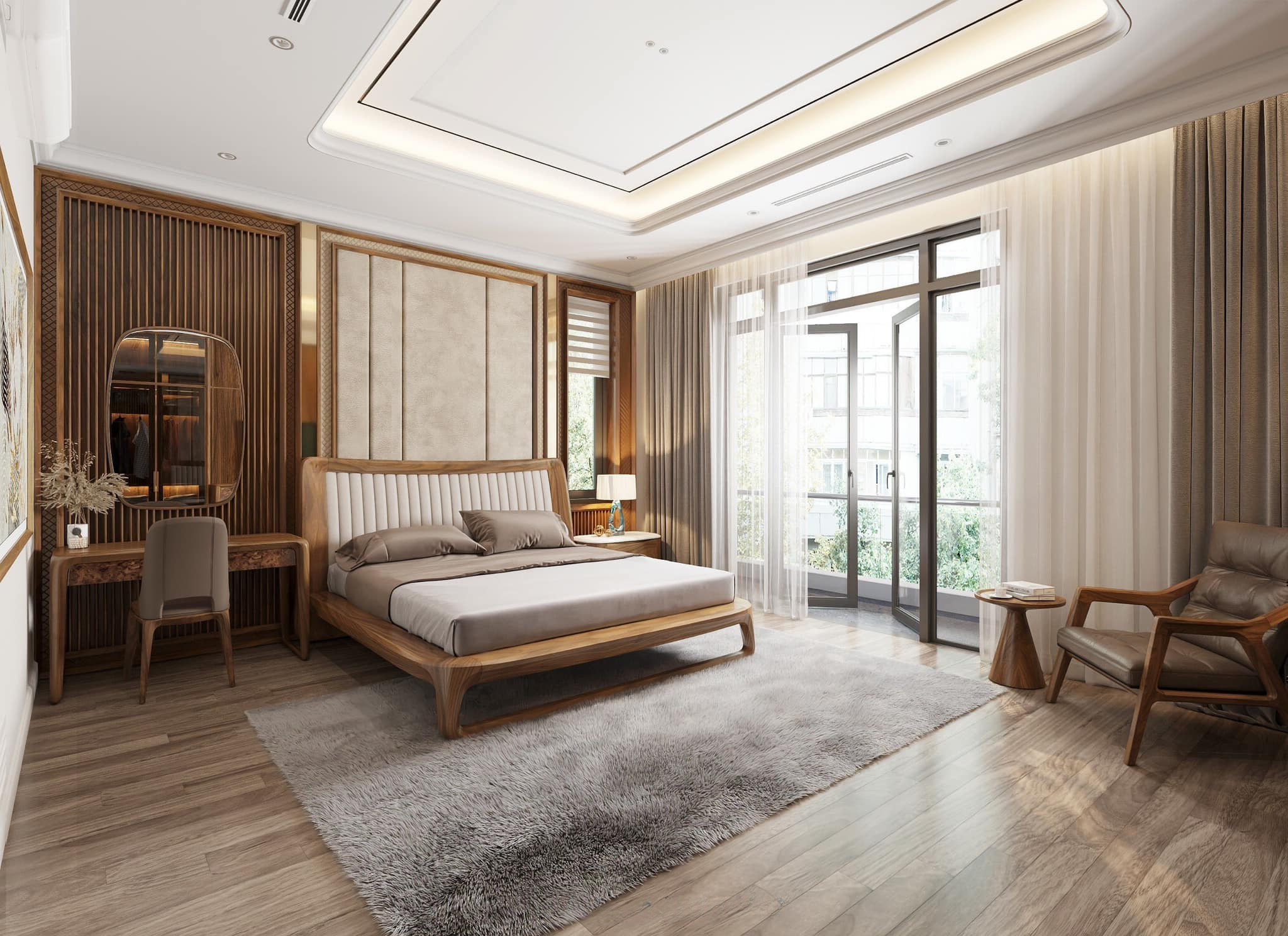 Mẫu giường gỗ tự nhiên hiện đại bằng gỗ sồi với tựa lưng bọc da trắng kem sang trọng