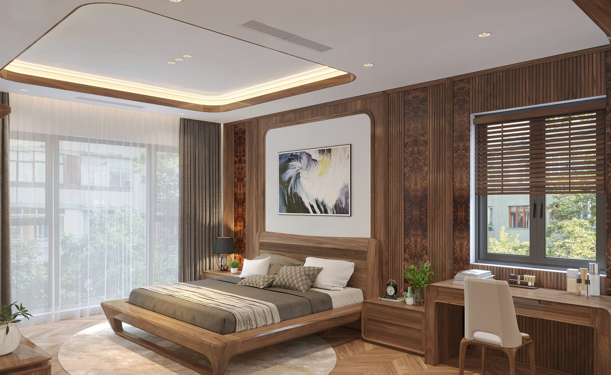 Mẫu giường ngủ bằng gỗ sồi tự nhiên màu nâu vàng hiện đại sang trọng