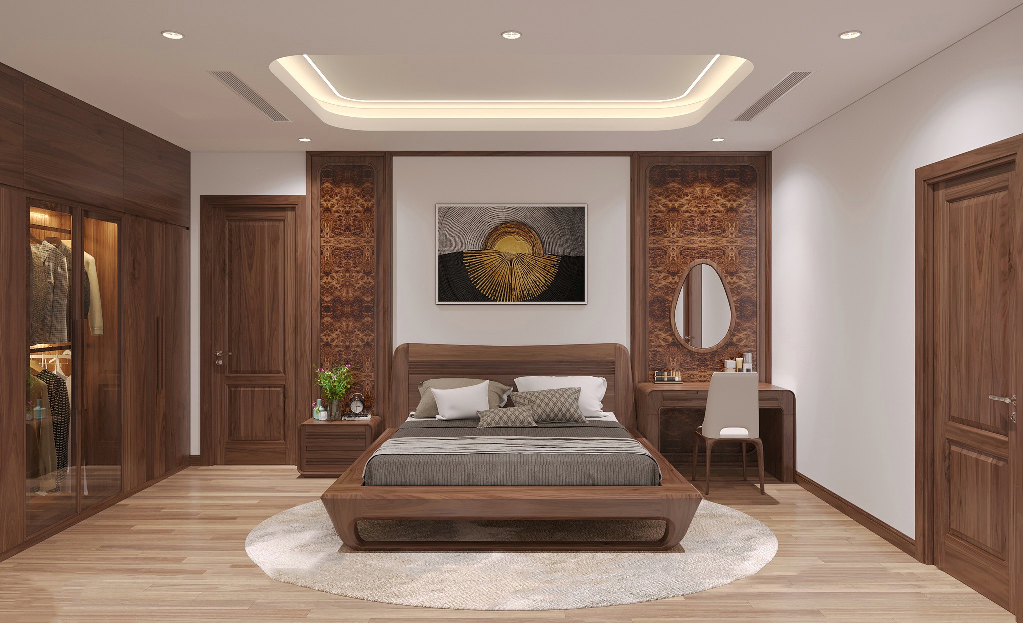 Mẫu giường ngủ cao cấp bằng gỗ xoan đào với tựa đầu bo cong và tab gỗ CNC tinh tế Mẫu giường ngủ cao cấp bằng gỗ xoan đào với tựa đầu bo cong và tab gỗ CNC tinh tế