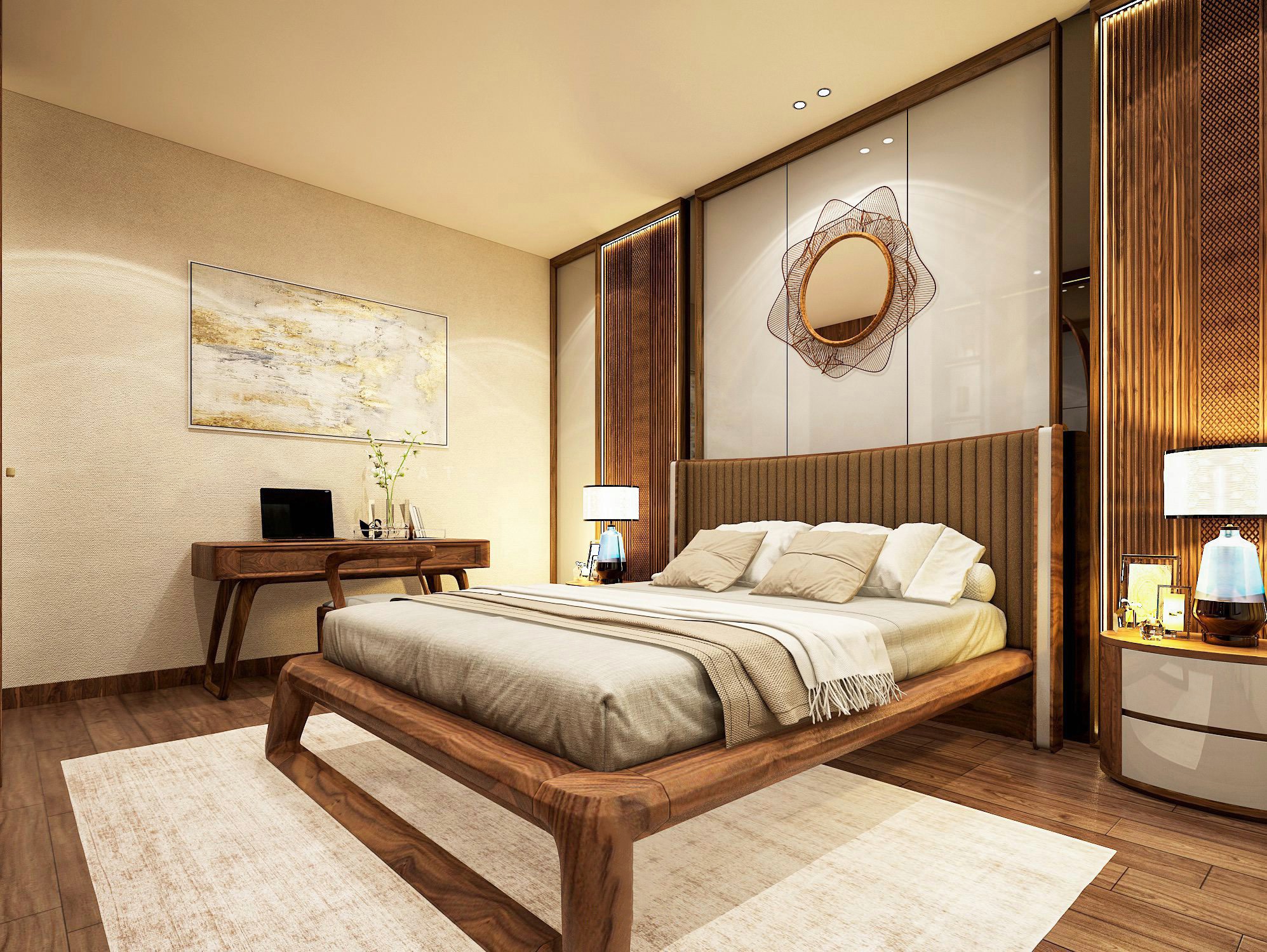 Mẫu giường ngủ đẹp bằng gỗ tự nhiên với tựa lưng bo cong và nệm vải nâu sang trọng