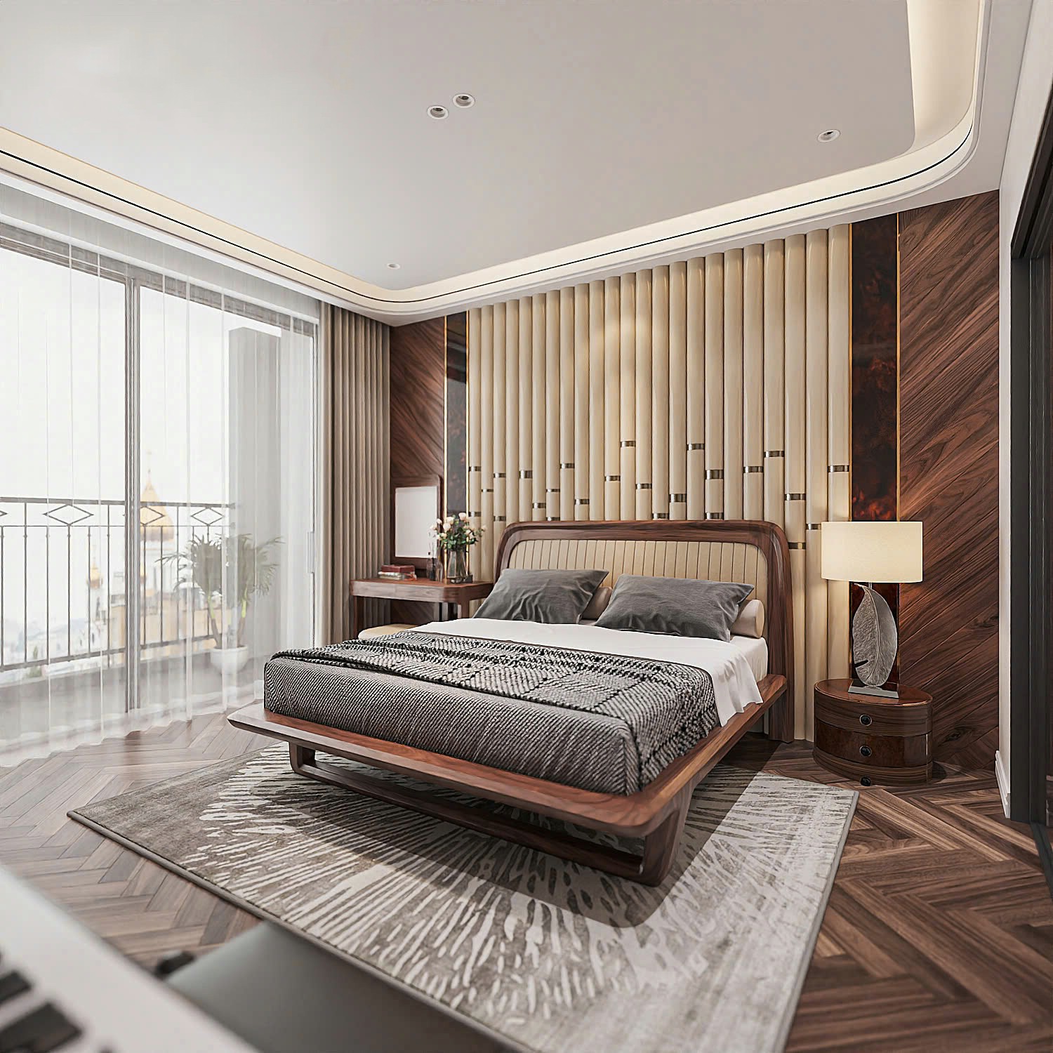 Mẫu giường ngủ đẹp hiện đại với tựa đầu da be vàng kẻ sọc và khung gỗ xoan đào