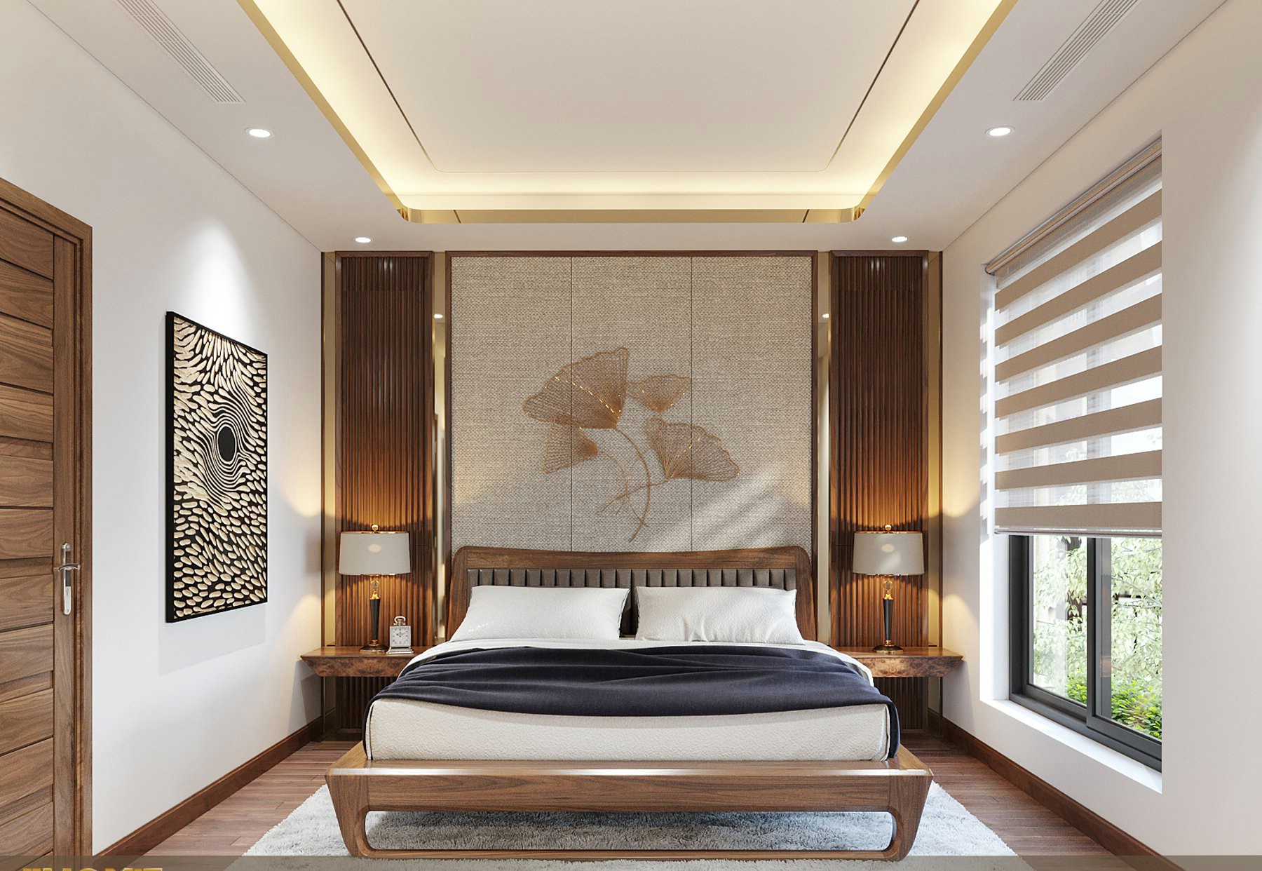 Giường ngủ gỗ tự nhiên hiện đại phong cách tối giản sang trọng Mẫu giường ngủ gỗ tự nhiên hiện đại 1m6x2m tựa đầu ốp nệm da kẻ sọc dọc