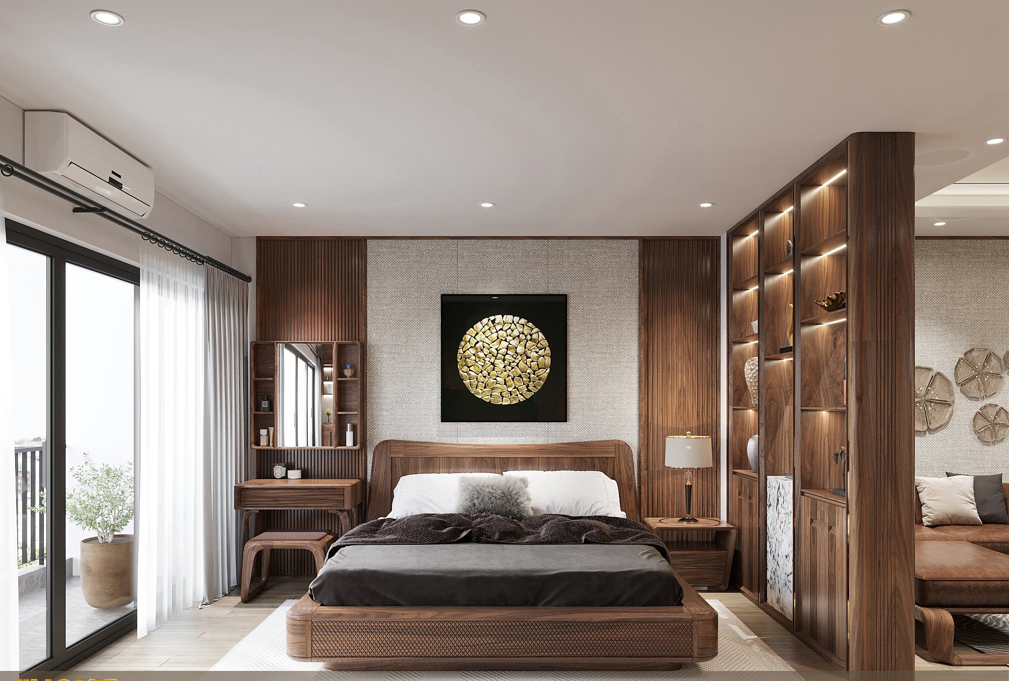 Mẫu giường ngủ gỗ tự nhiên với khung hình hộp chữ nhật và tựa lưng cao sang trọng