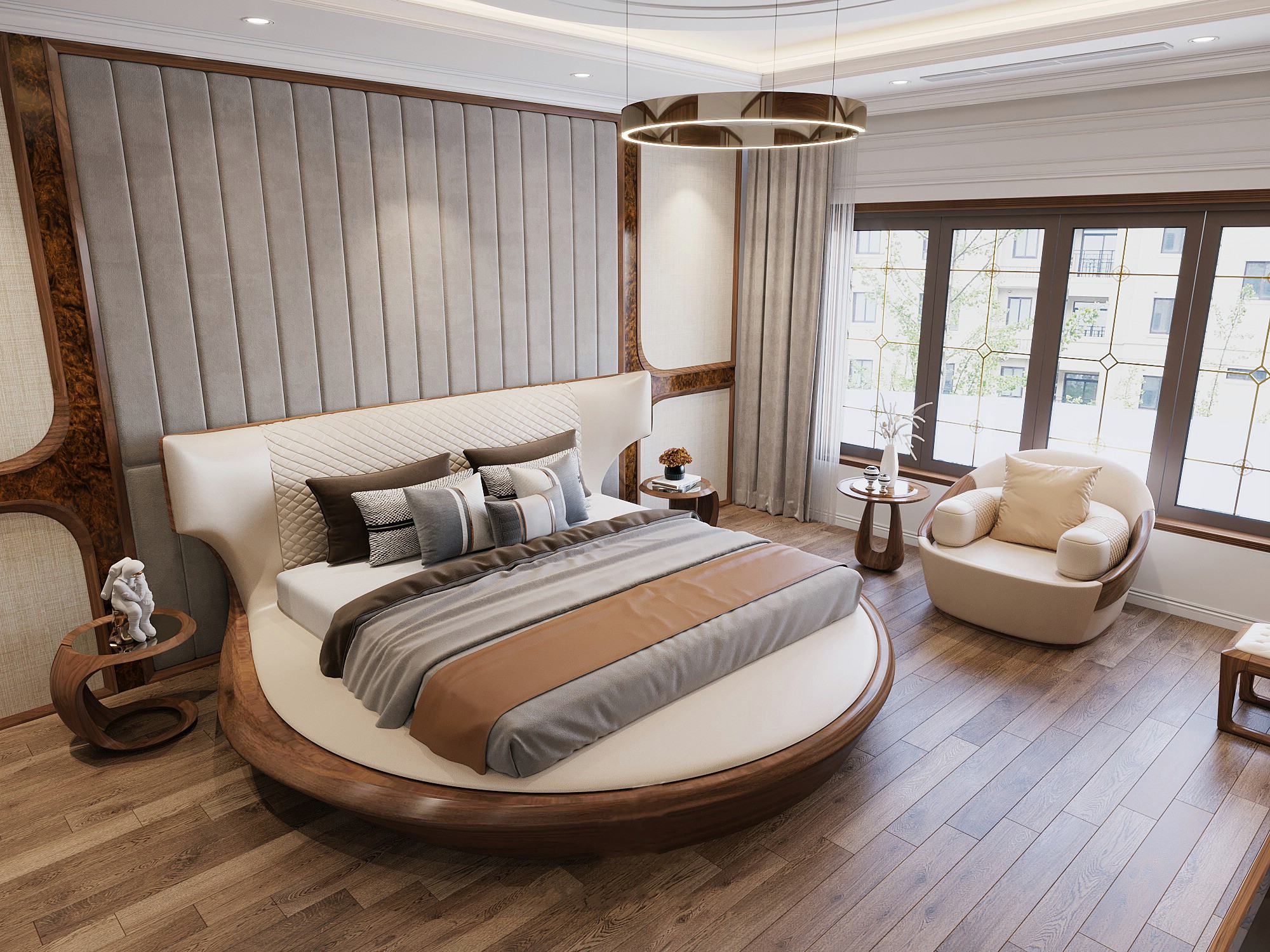 Mẫu giường ngủ hiện đại đẹp nhất – Thiết kế tròn đẳng cấp, tinh tế Mẫu giường ngủ hiện đại đẹp nhất kiểu dáng tròn bọc da trắng kem sang trọng