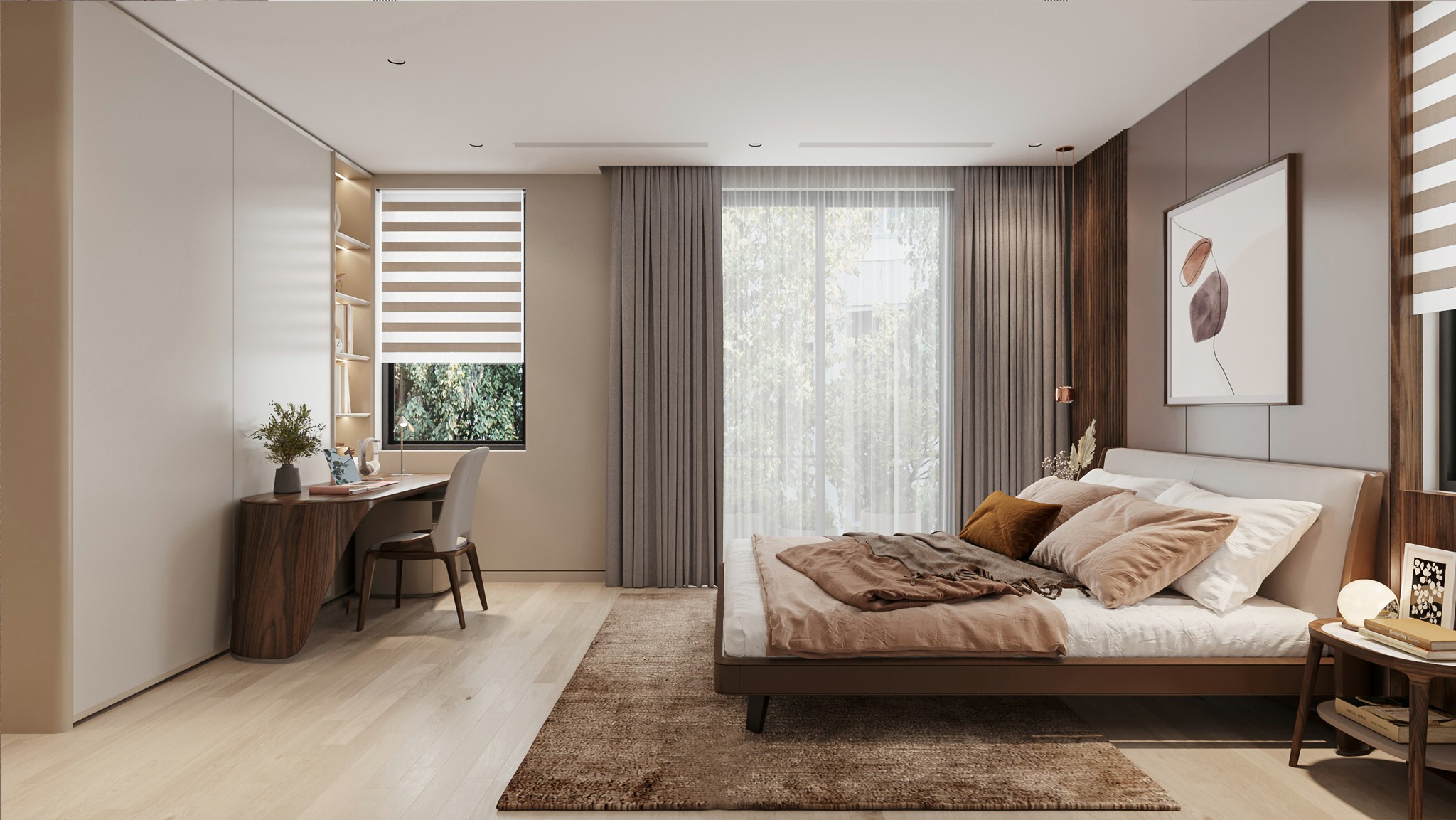 Mẫu giường ngủ thấp đẹp với tựa lưng gỗ cong bọc da trắng kem