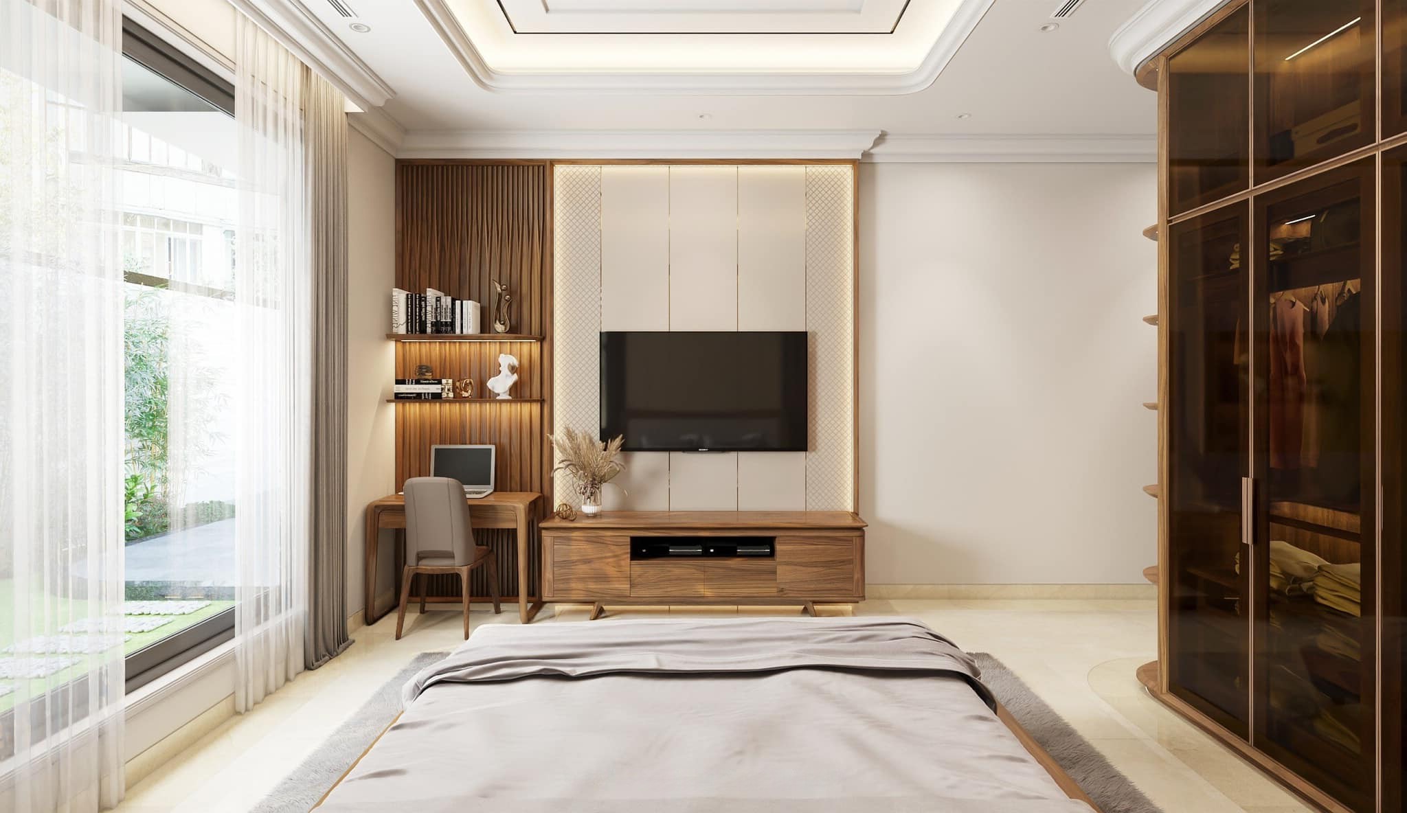 Mẫu kệ tivi bằng gỗ hiện đại với khung sồi tự nhiên và tường ốp acrylic sang trọng Mẫu kệ tivi bằng gỗ sồi tự nhiên dáng thấp, bo tròn góc cạnh, tường sau ốp acrylic be mạ vàng