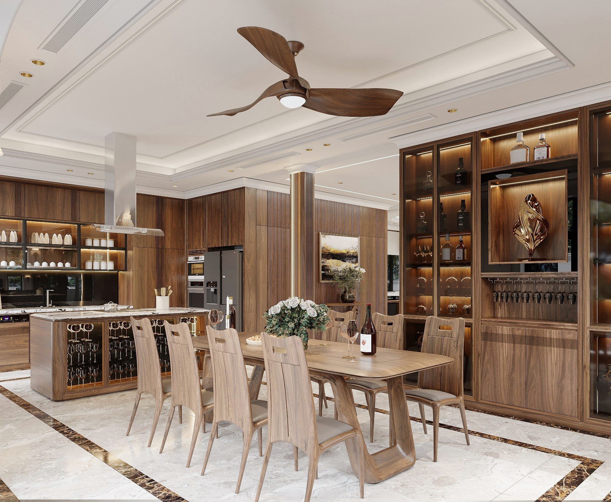 Mẫu nội thất phòng bếp đẹp hiện đại với bàn ăn gỗ óc chó, tủ rượu kính và tủ bếp chữ L tiện nghi Mẫu nội thất phòng bếp đẹp hiện đại với bàn ăn gỗ óc chó, tủ rượu kính và tủ bếp chữ L tiện nghi