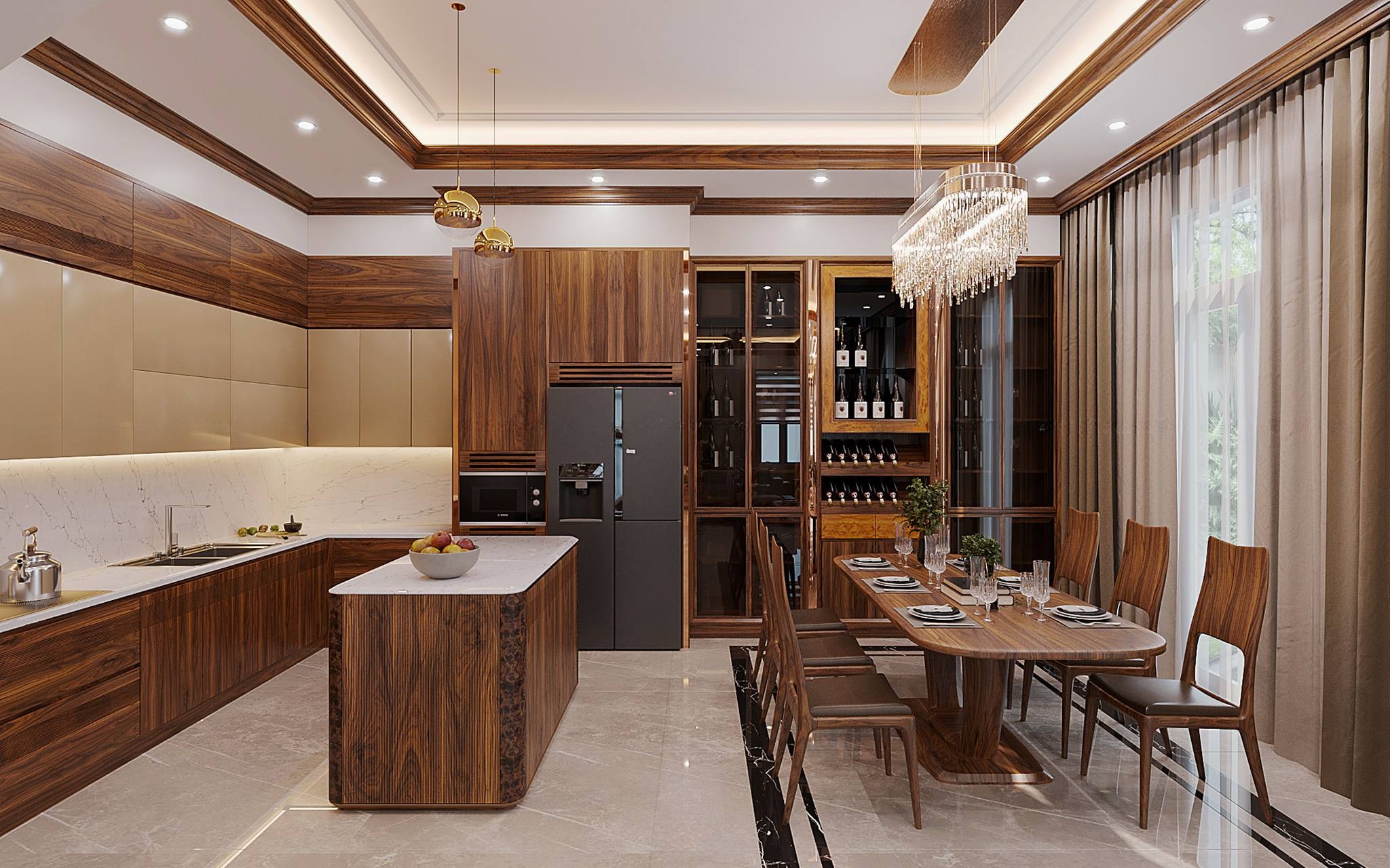 Mẫu phòng bếp có quầy bar đá trắng loang tia xám sang trọng