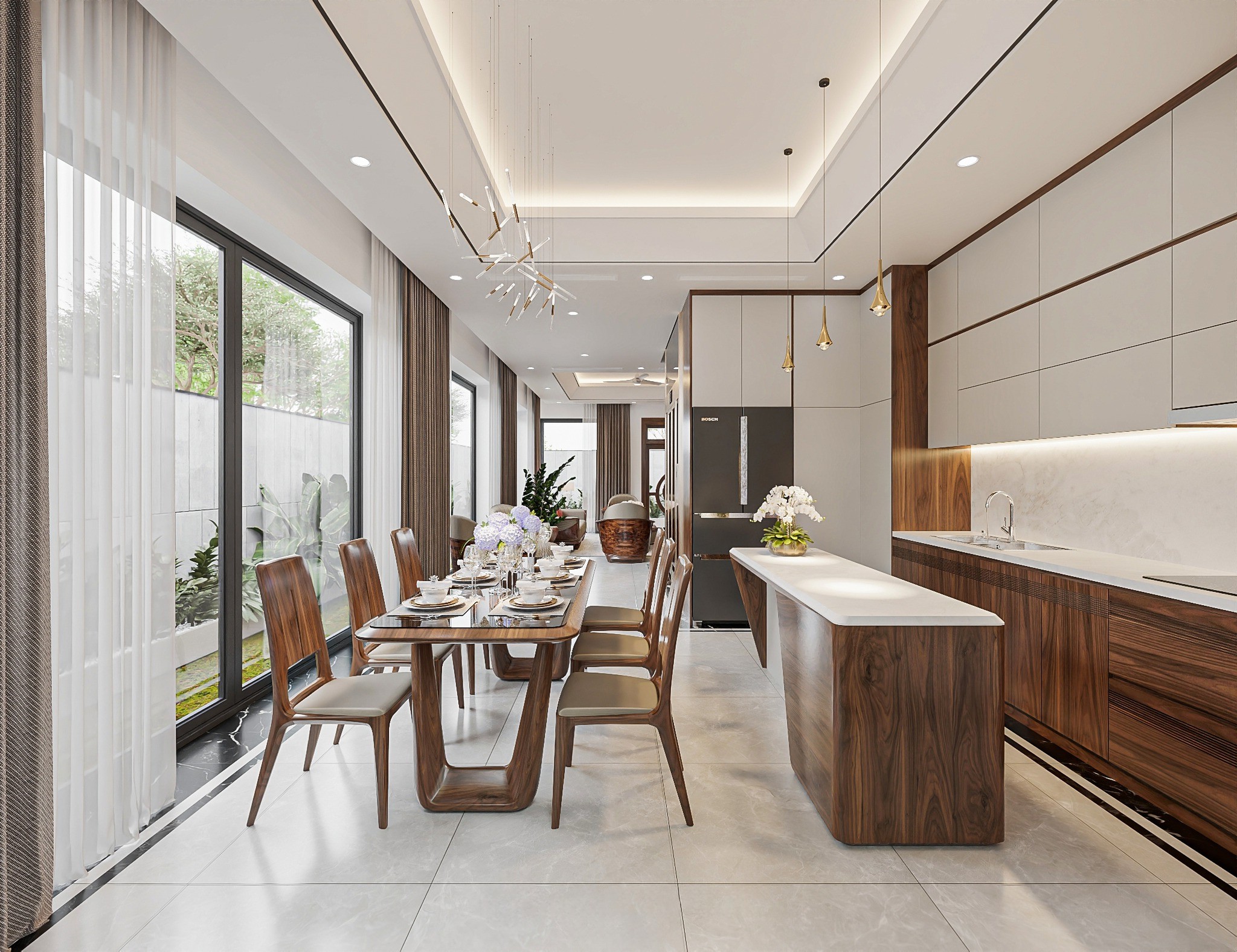 Mẫu phòng bếp hiện đại với đường nét tối giản, hệ tủ bếp đồng bộ và ánh sáng hài hòa