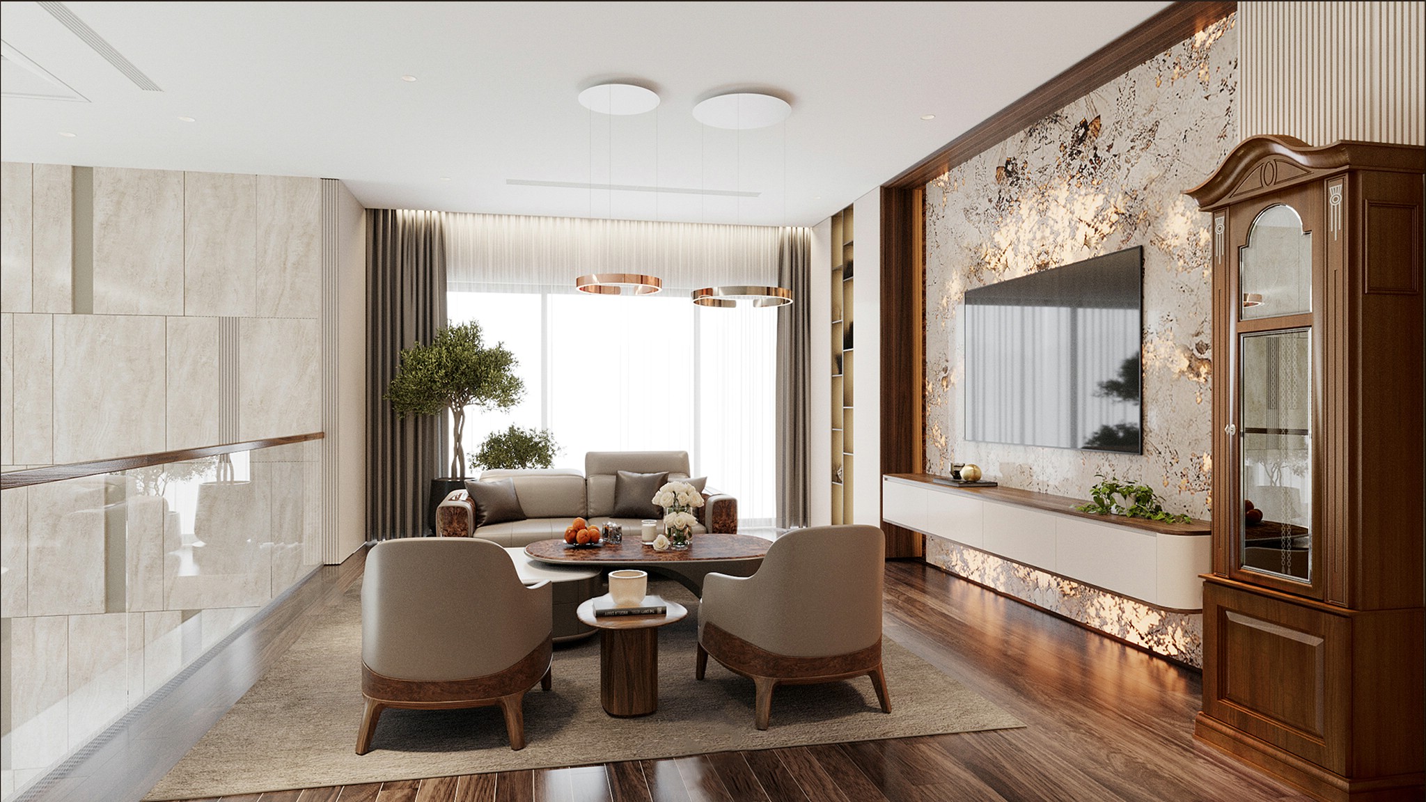 Mẫu phòng khách chung cư đẹp với tường ốp nhựa PVC vân đá Onyx xuyên sáng và sofa gỗ óc chó bọc da Mẫu phòng khách chung cư đẹp với tường ốp nhựa PVC vân đá Onyx xuyên sáng và sofa gỗ óc chó bọc da