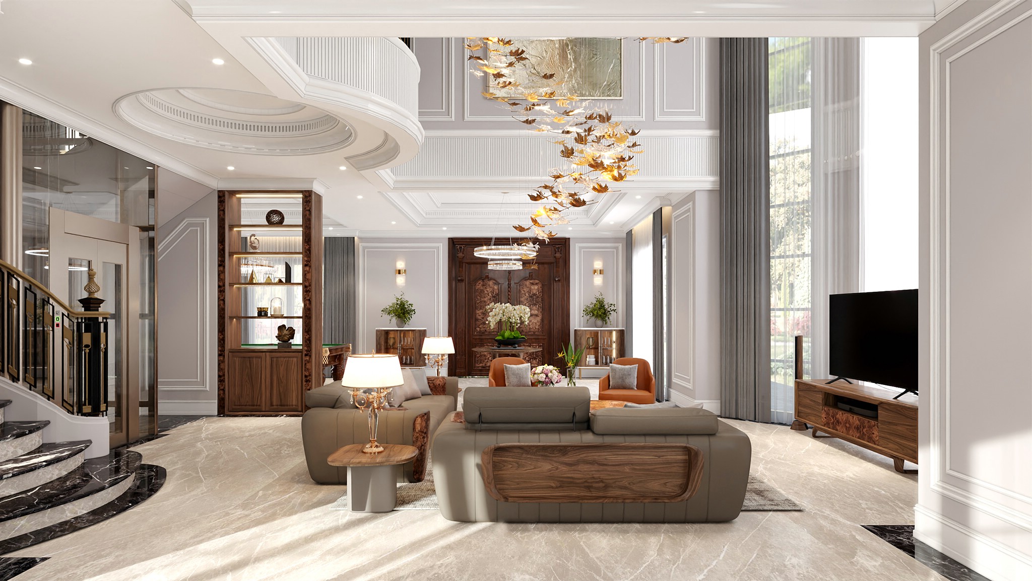 Phòng khách đẹp sang trọng với nội thất gỗ veneer nu và sofa da tone xám đậm Mẫu phòng khách đẹp sang trọng với tone trắng – nâu, sofa da xám đậm và kệ tivi veneer nu hiện đại