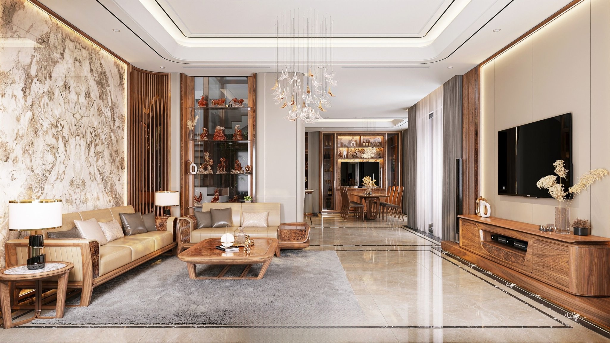 Mẫu phòng khách hiện đại với vách lam sóng và nội thất gỗ veneer Mẫu phòng khách hiện đại với vách lam sóng và nội thất gỗ veneer