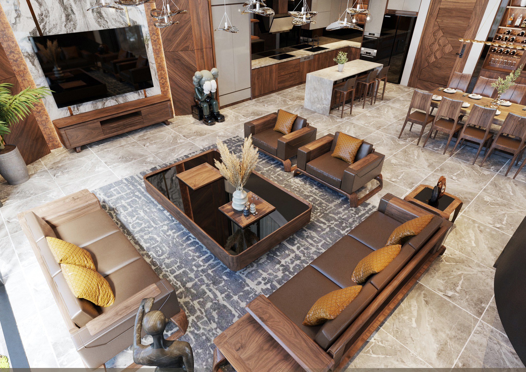 Mẫu phòng khách và bếp thông nhau hiện đại với tủ bếp chữ L và sofa gỗ óc chó sang trọng