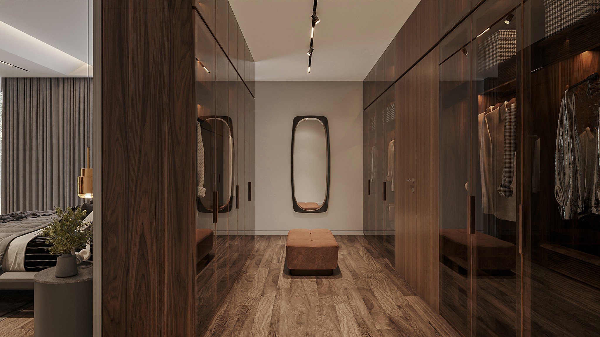 Mẫu phòng ngủ có phòng thay đồ với hai tủ chữ I và tủ vách ngăn MDF laminate