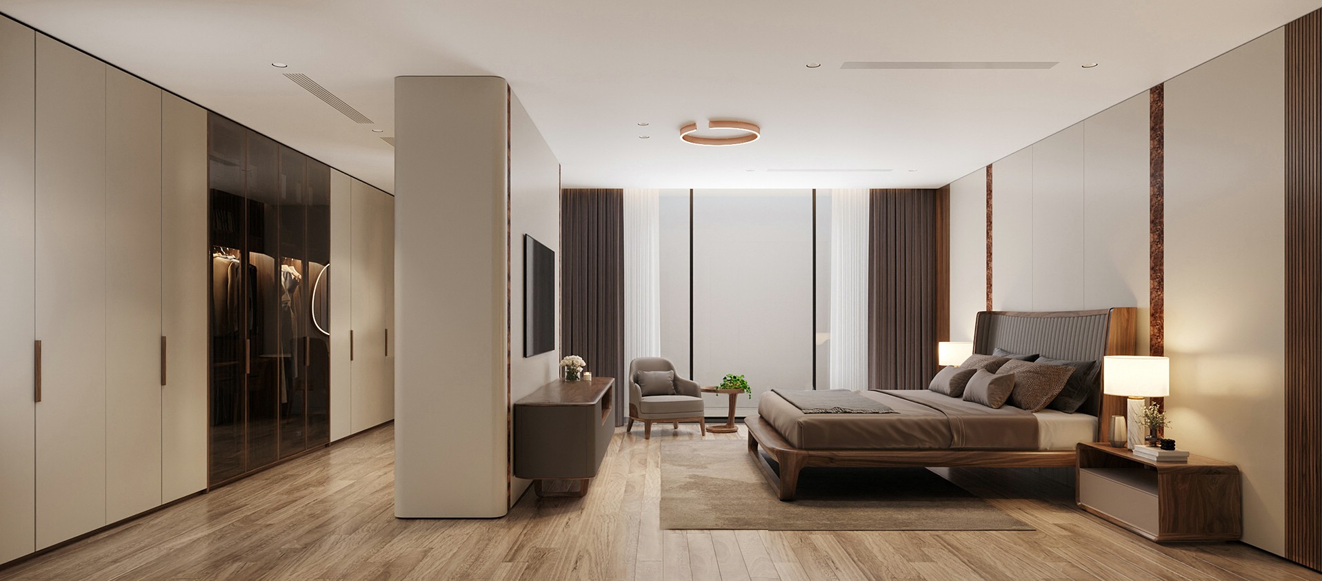 Mẫu phòng ngủ đẹp – Không gian nghỉ ngơi hiện đại và tinh tế Mẫu phòng ngủ đẹp hiện đại tone trắng xám sang trọng