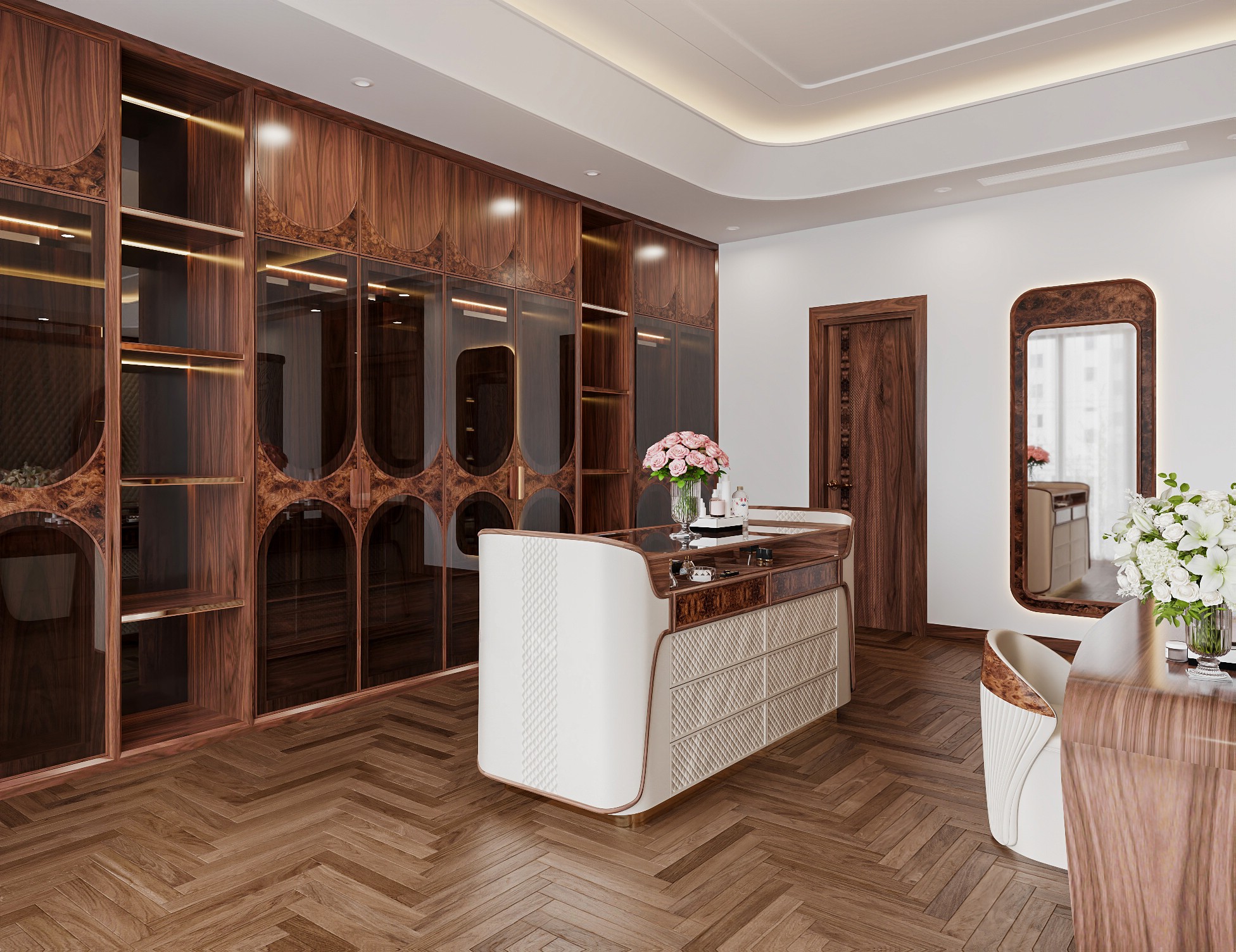 Mẫu phòng thay đồ hiện đại với tủ chữ I và tủ phụ kiện kính