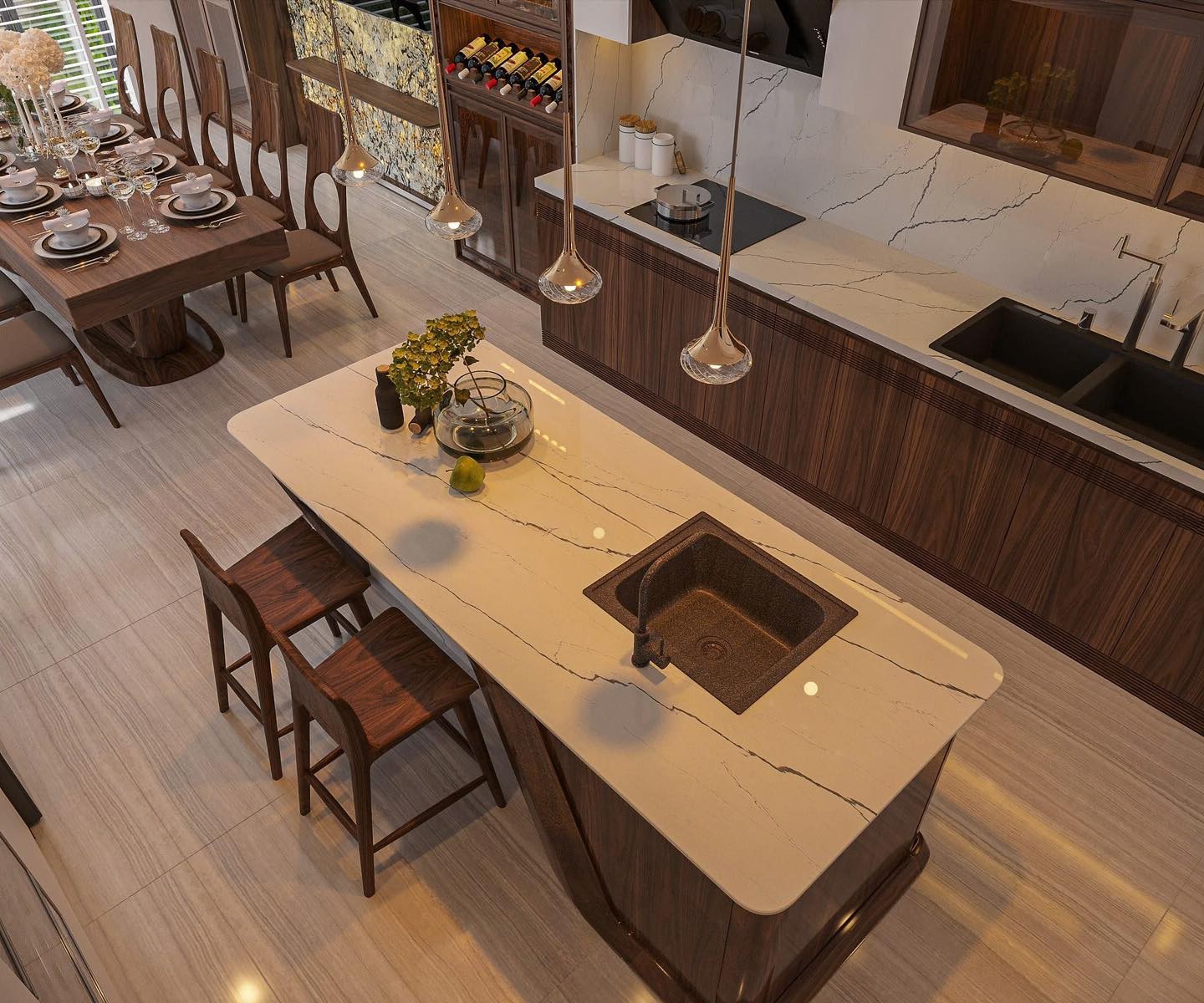 Mẫu quầy bar bếp đẹp tách rời hiện đại với mặt đá granite trắng loang tia đen và khung gỗ tự nhiên nâu đậm Mẫu quầy bar bếp đẹp tách rời hiện đại với mặt đá granite trắng loang tia đen và khung gỗ tự nhiên nâu đậm