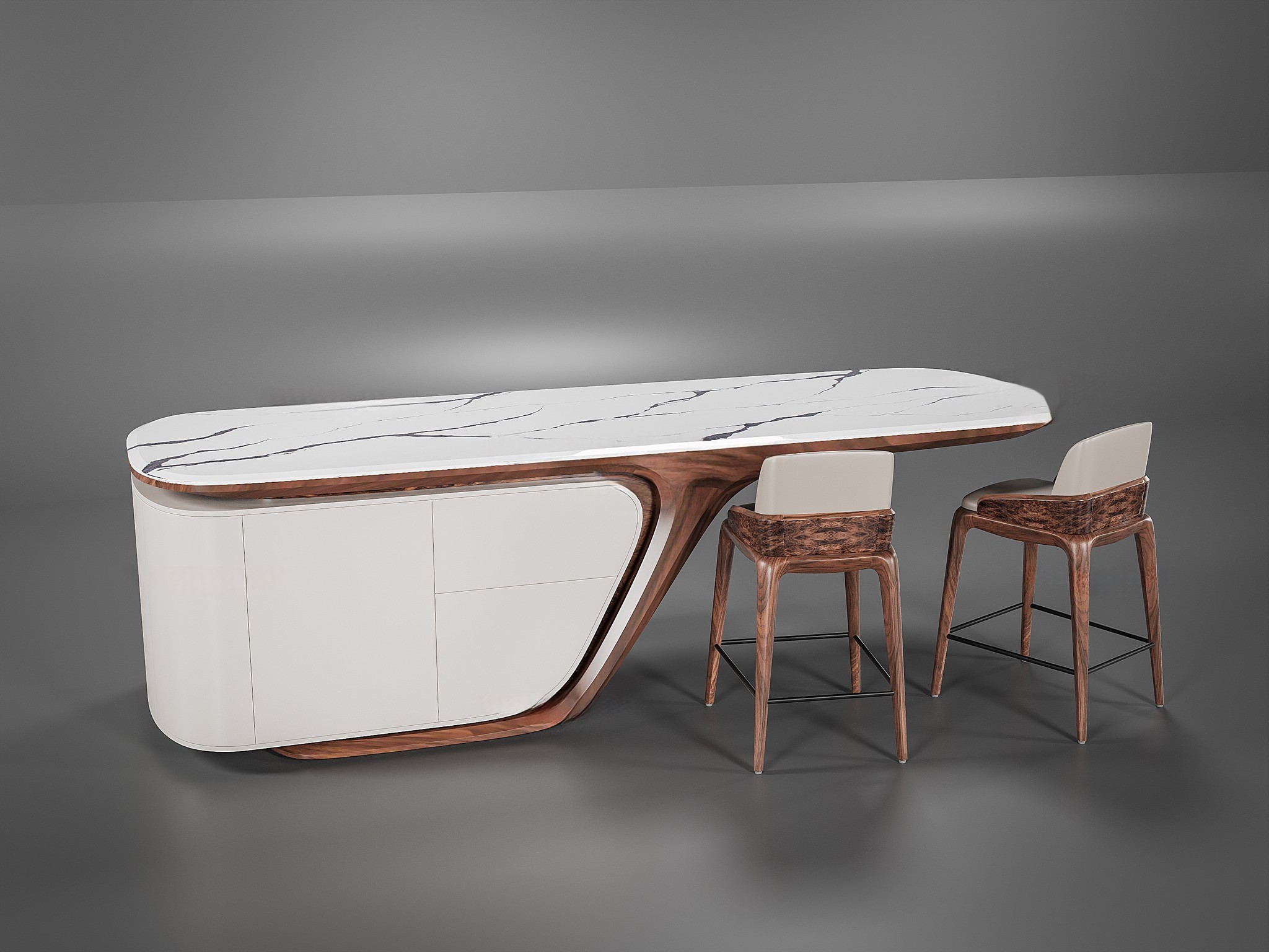 Mẫu quầy bar cafe gỗ tự nhiên màu nâu đậm với mặt đá granite trắng vân xám và ghế da trắng kem Mẫu quầy bar cafe gỗ tự nhiên màu nâu đậm với mặt đá granite trắng vân xám và ghế da trắng kem