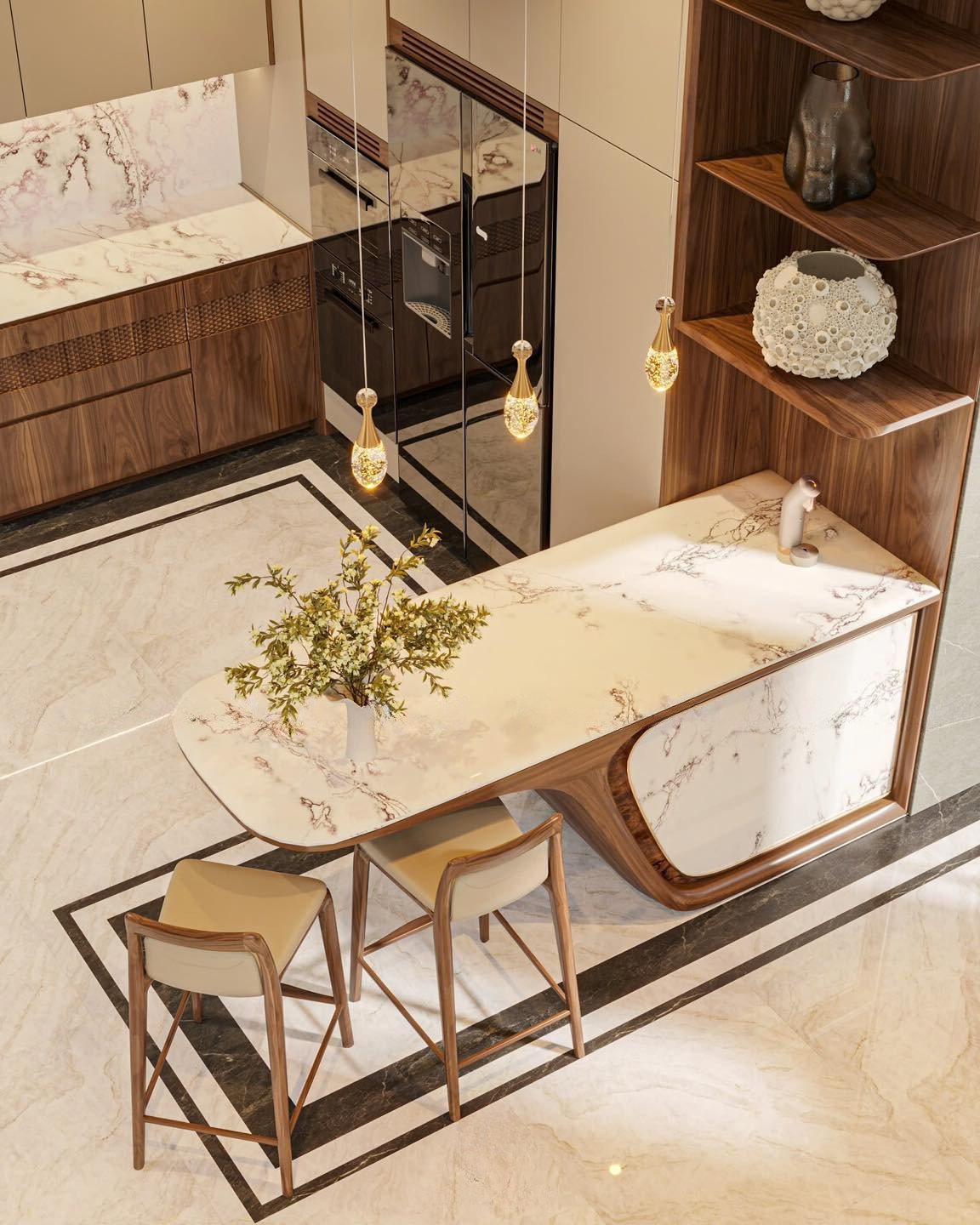 Mẫu quầy bar gắn liền tủ bếp hiện đại với mặt đá nhân tạo trắng vân nâu và khung gỗ veneer nu sang trọng Mẫu quầy bar gắn liền tủ bếp hiện đại với mặt đá nhân tạo trắng vân nâu và khung gỗ veneer nu sang trọng