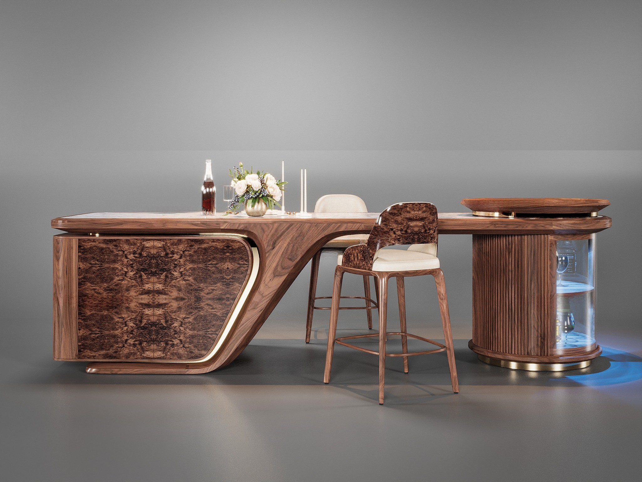 Mẫu quầy bar gỗ tự nhiên màu nâu đậm với tủ veneer nu và chân trụ kệ kính sang trọng Mẫu quầy bar gỗ tự nhiên màu nâu đậm với tủ veneer nu và chân trụ kệ kính sang trọng