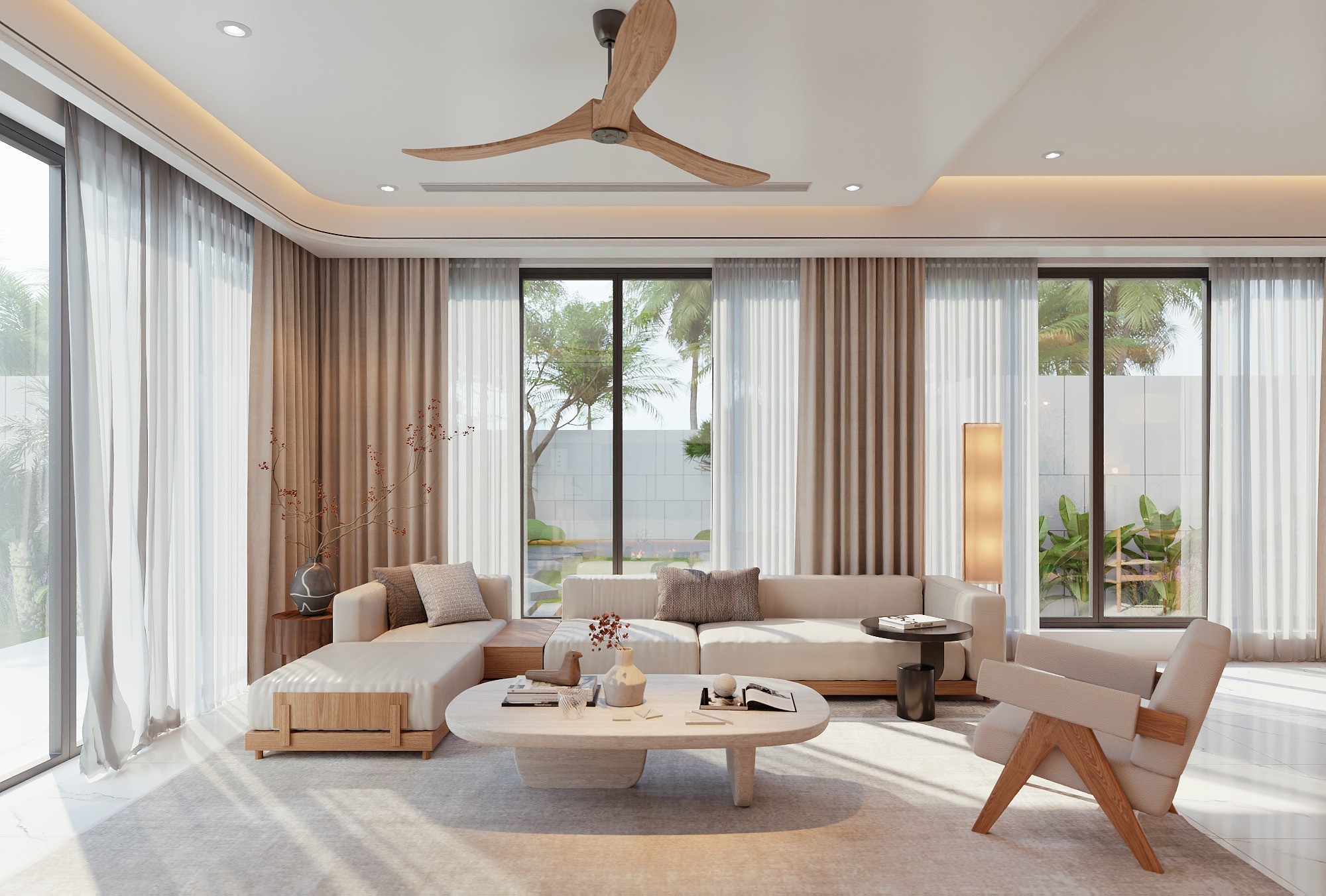 Mẫu sofa gỗ chữ L hiện đại với khung MDF phủ laminate và đệm vải trắng kem Mẫu sofa gỗ chữ L hiện đại với khung MDF phủ laminate và đệm vải trắng kem