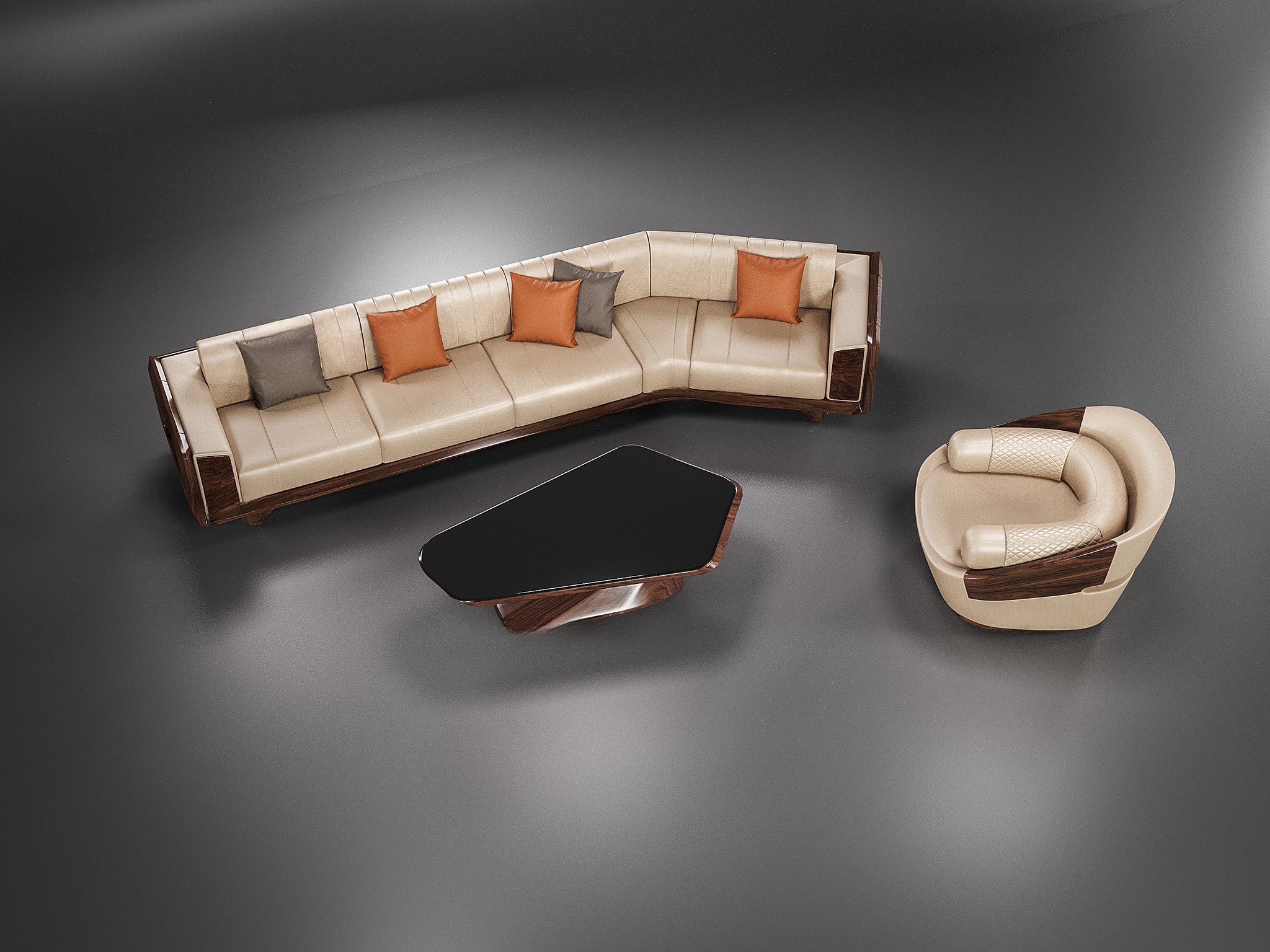 Mẫu sofa gỗ đẹp hiện đại 4 chỗ ngồi với đệm da PU màu be vàng và bàn trà mặt kính đen Mẫu sofa gỗ đẹp hiện đại 4 chỗ ngồi với đệm da PU màu be vàng và bàn trà mặt kính đen