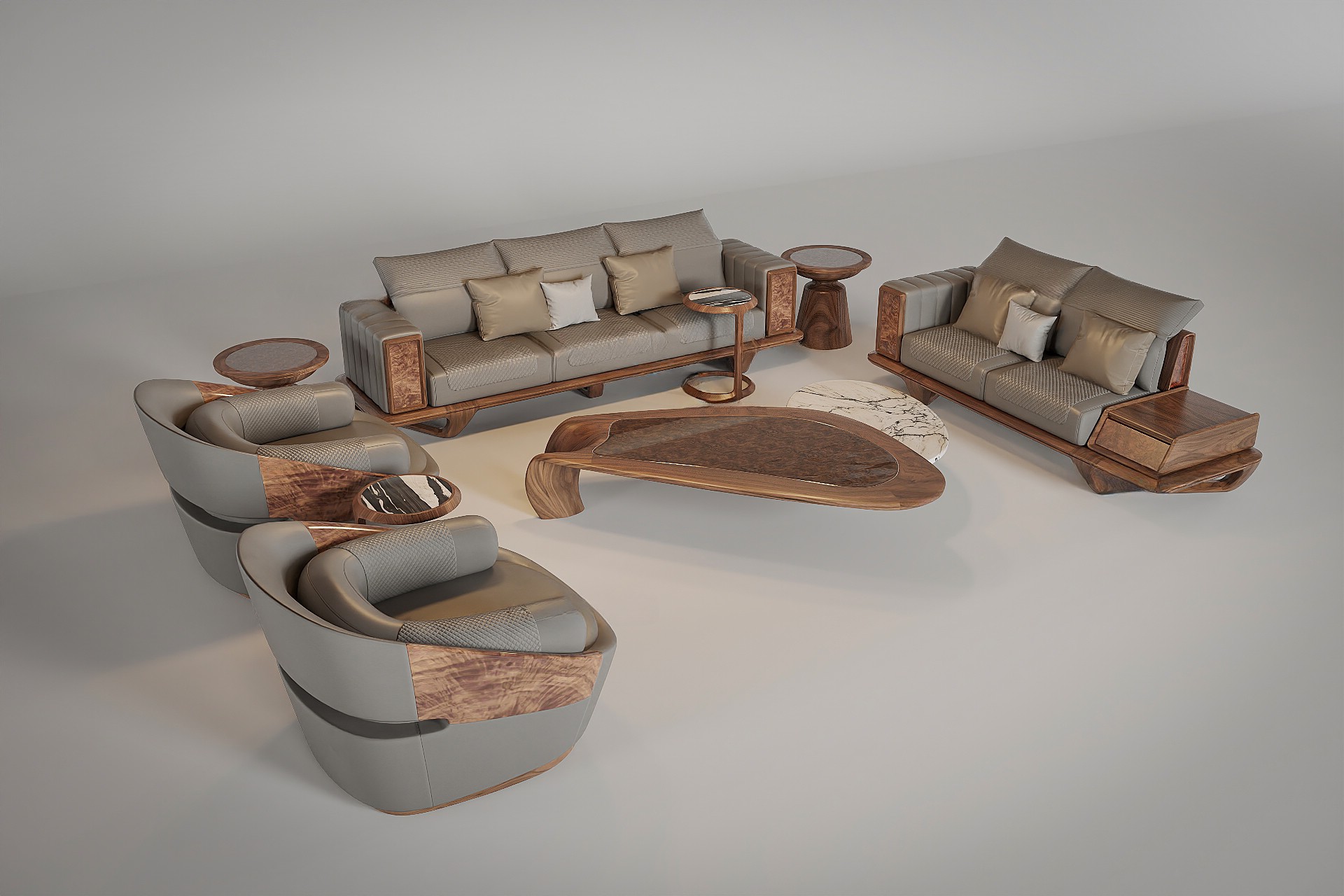 Mẫu sofa gỗ đẹp với chất liệu gỗ óc chó, đệm da màu ghi xám và thiết kế vòm cung độc đáo Mẫu sofa gỗ đẹp với chất liệu gỗ óc chó, đệm da màu ghi xám và thiết kế vòm cung độc đáo