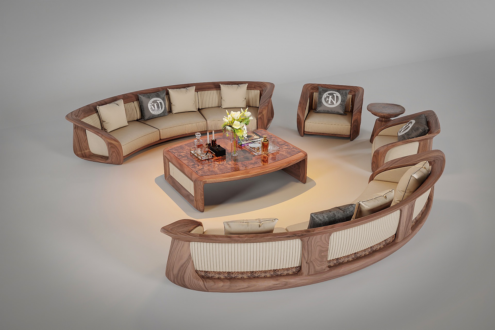 Mẫu sofa gỗ hiện đại cong mềm mại với khung gỗ óc chó và nệm da be đậm Mẫu sofa gỗ hiện đại cong mềm mại với khung gỗ óc chó và nệm da be đậm