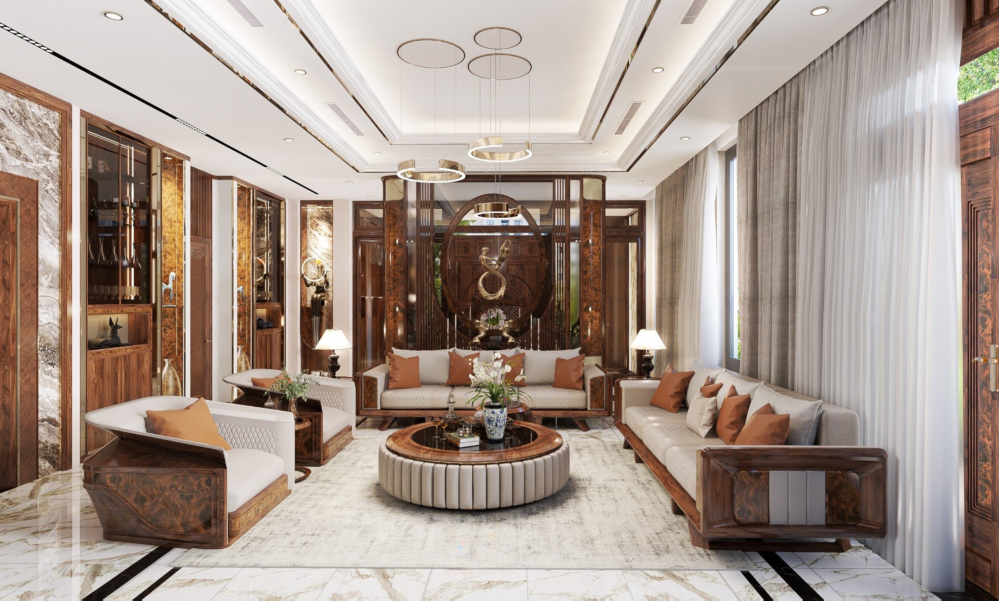 Mẫu sofa gỗ óc chó phòng khách hiện đại