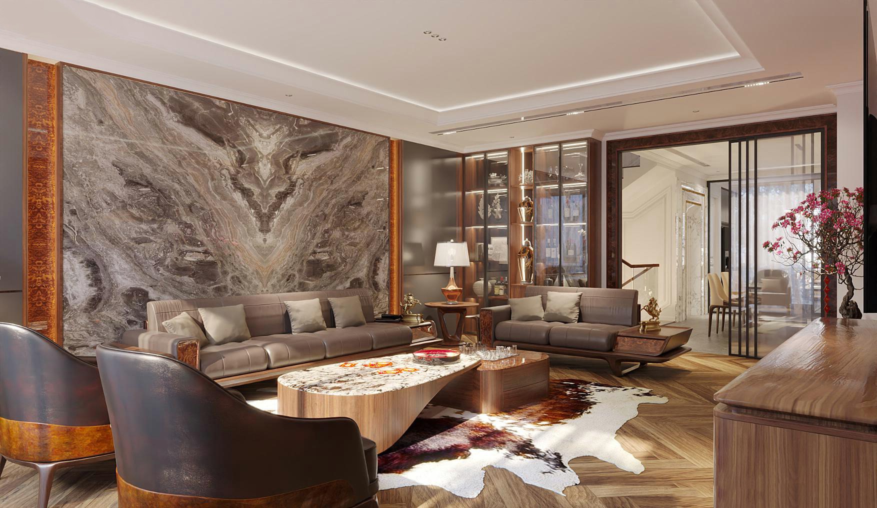 Mẫu sofa gỗ phòng khách đẹp cao cấp cho không gian hiện đại Mẫu sofa gỗ phòng khách đẹp với bàn trà 2 tầng mặt đá và gỗ veneer nu sang trọng