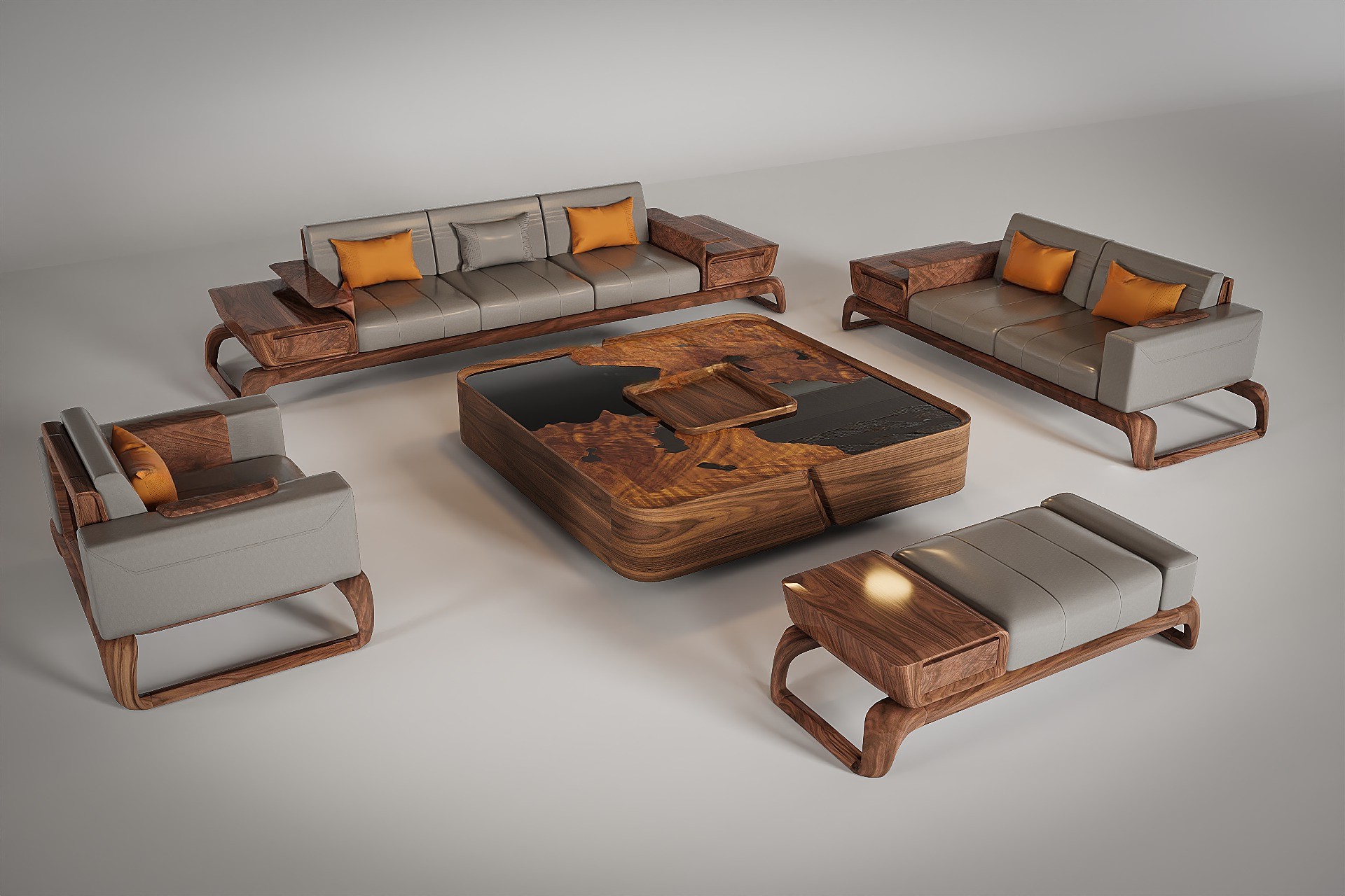 Bộ sofa gỗ óc chó đệm da xám xanh, tay vịn gỗ mỏng, chân chữ U liền khối kèm bàn trà kính đen hình hộp vuông Bộ sofa gỗ óc chó đệm da xám xanh, tay vịn gỗ mỏng, chân chữ U liền khối kèm bàn trà kính đen hình hộp vuông