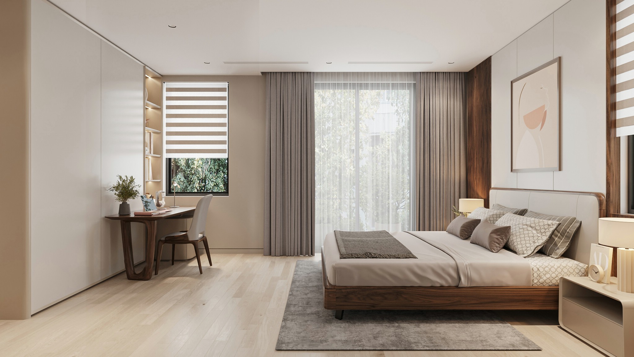 Mẫu thiết kế giường ngủ đẹp dáng thấp gỗ óc chó tựa da kem