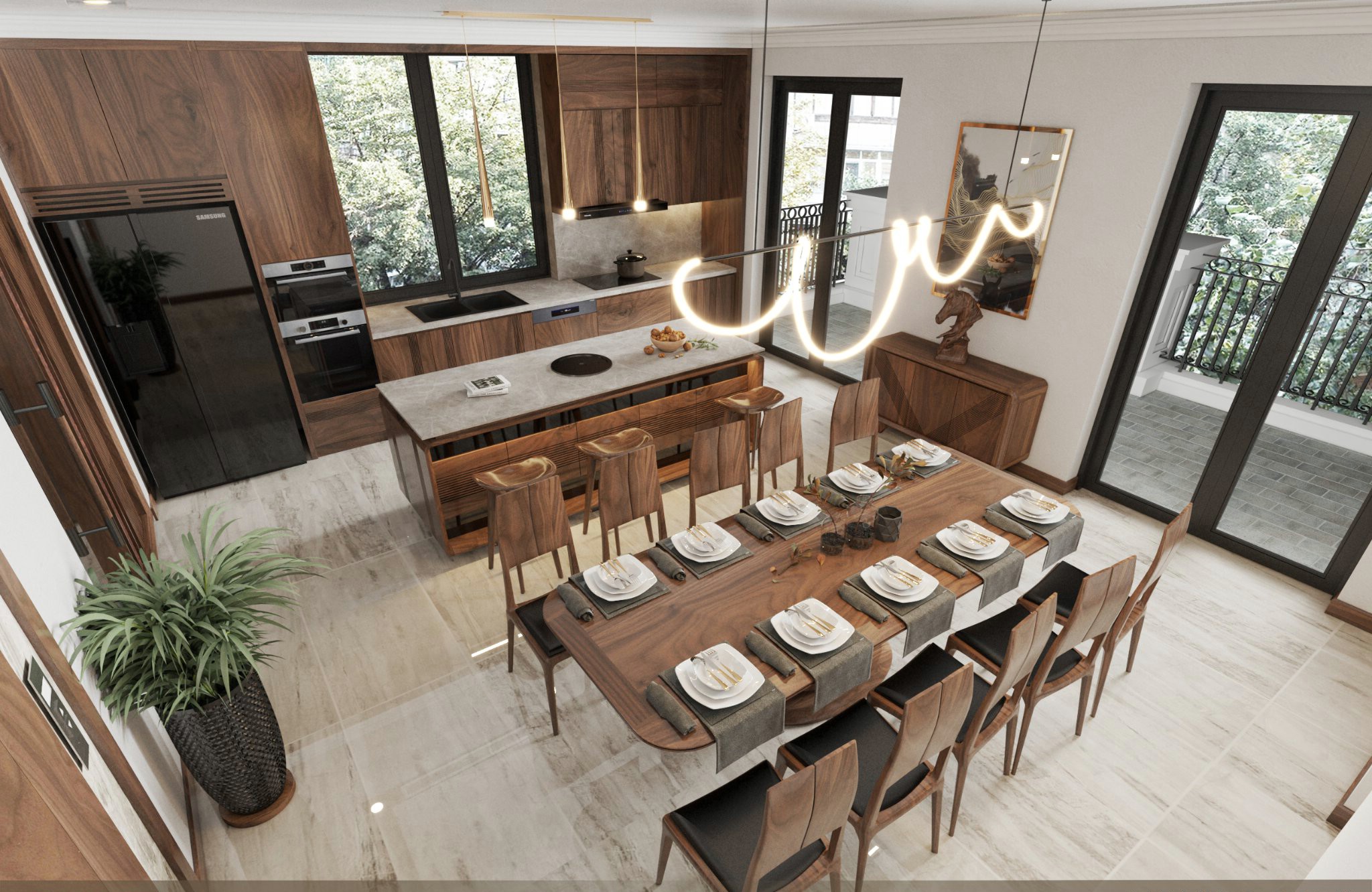 Mẫu thiết kế nội thất phòng bếp gỗ tự nhiên sang trọng và bàn bar ceramic